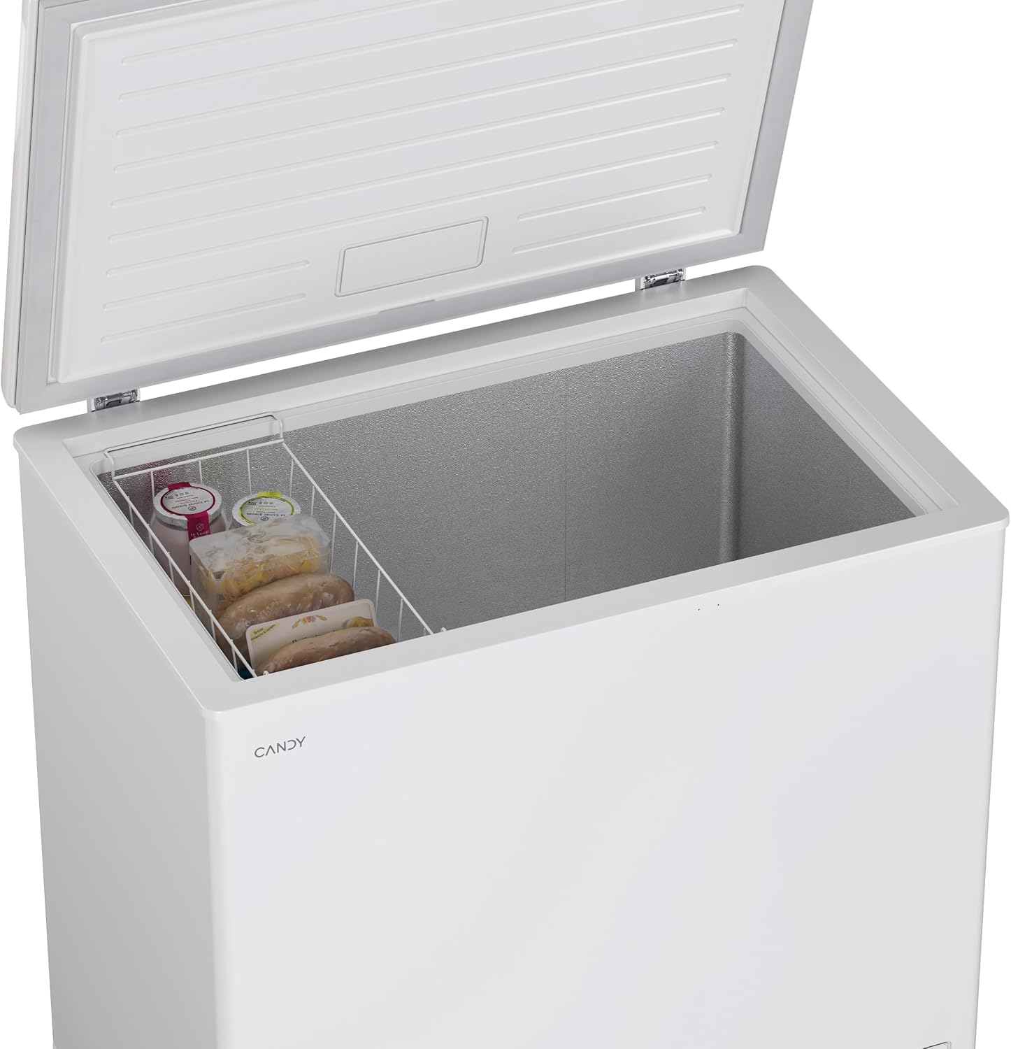 Close-up view of the interior of the Candy Artico CCHH 200E Chest Freezer, showing the wire storage basket with frozen items.