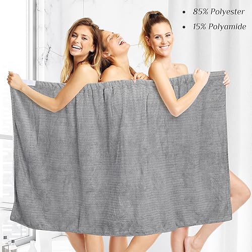 Miniatura 4 de 4 toallas de spa para mujer, bata de spa con cierre ajustable, parte superior elástica, envolturas ligeras para baño y ducha (gris, rayas)