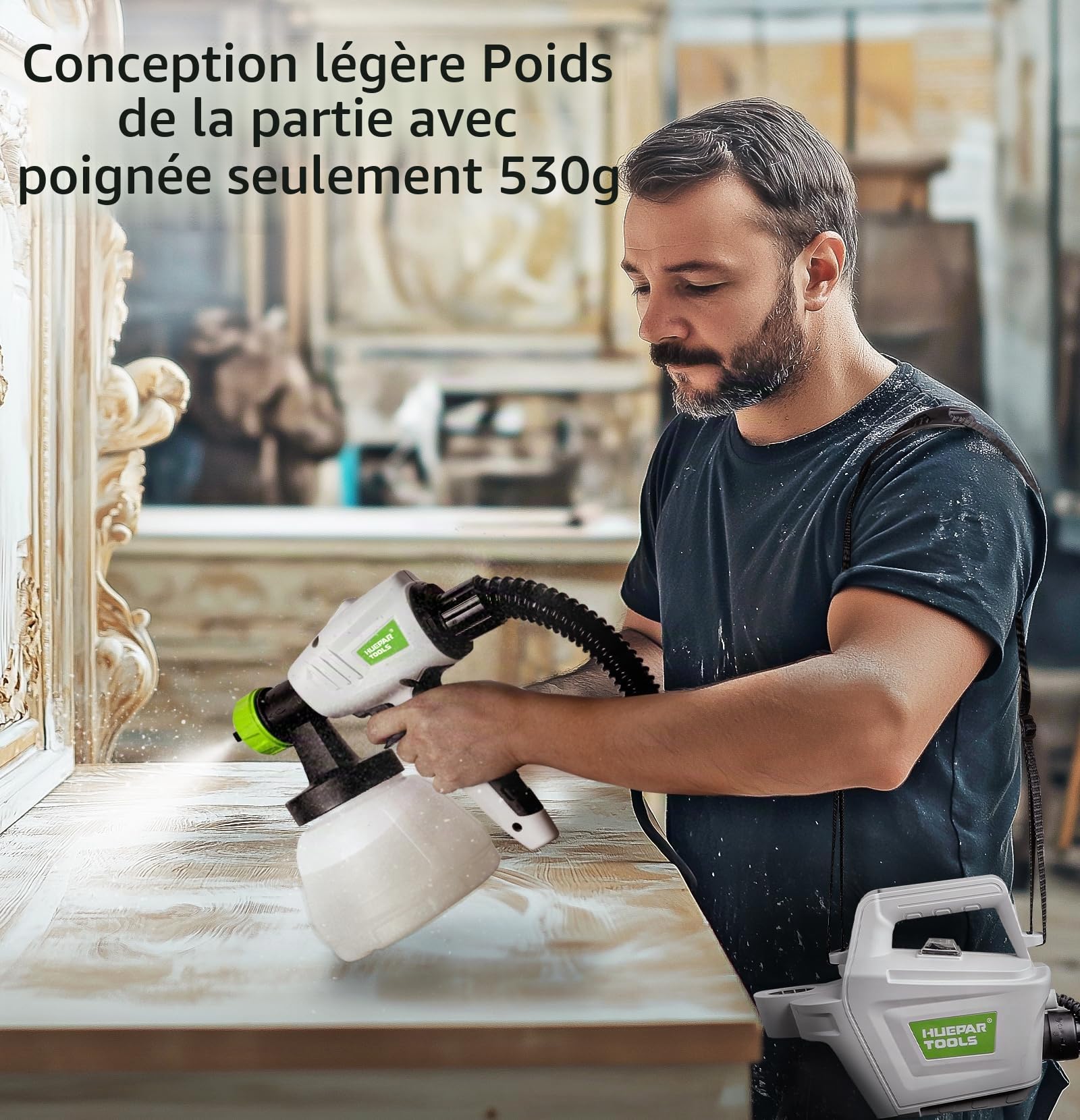 Huepar Tools Pistolet a Peinture,800W HVLP 4 Buses en cuivre et 3 Motifs,1300 ML Récipient Détachable,Trafic Réglable 1200ml/min,Trois Tailles Buse,Facile à Pulvériser et Propre-SG800 HT-SG800EU Gris