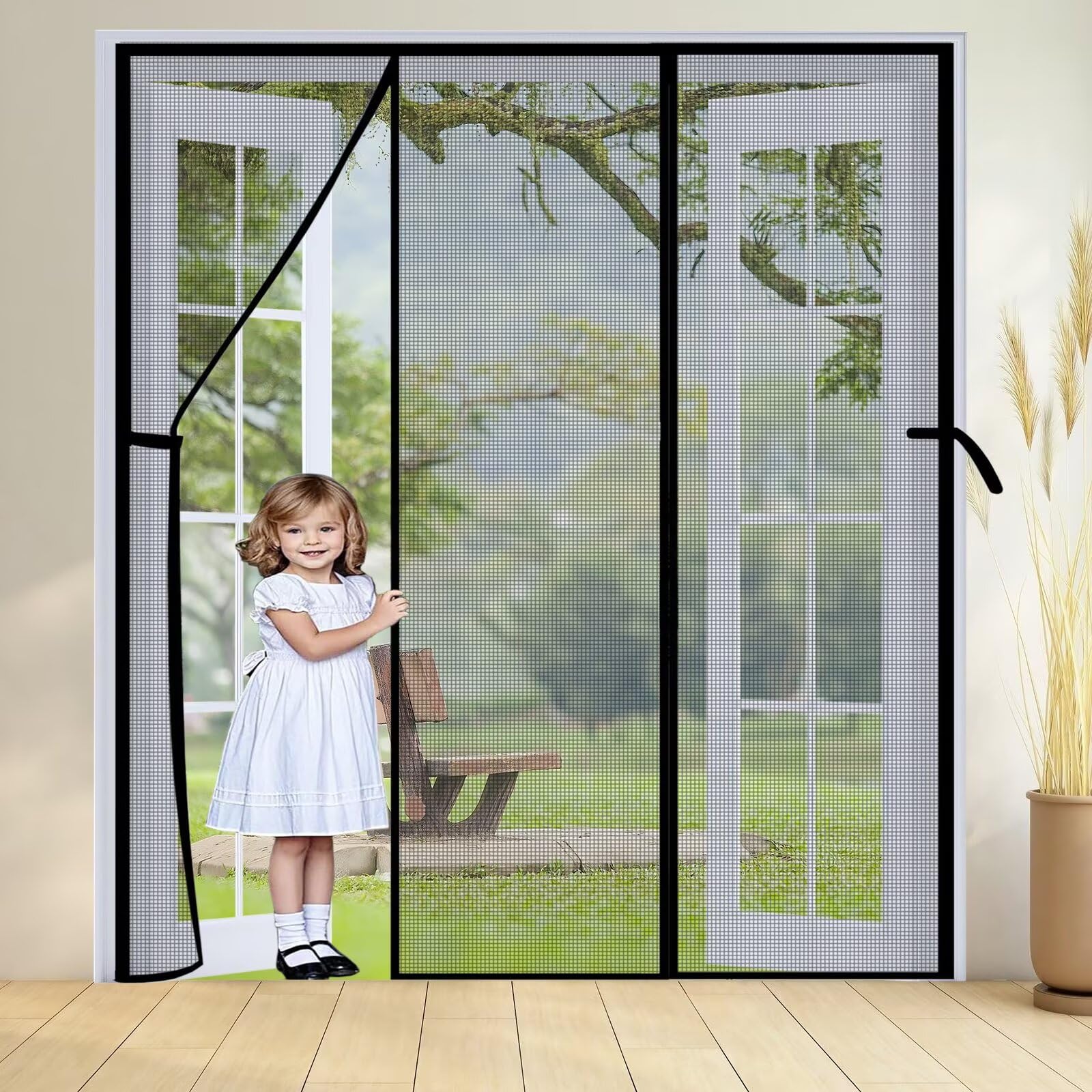 Vorhang Insektenschutzgitter 270x225cm Schwarz Insektenschutz Fenster DoppeltüR mit Heavy Duty Mesh für Küche/Wohnzimmer/Schlafzimmer