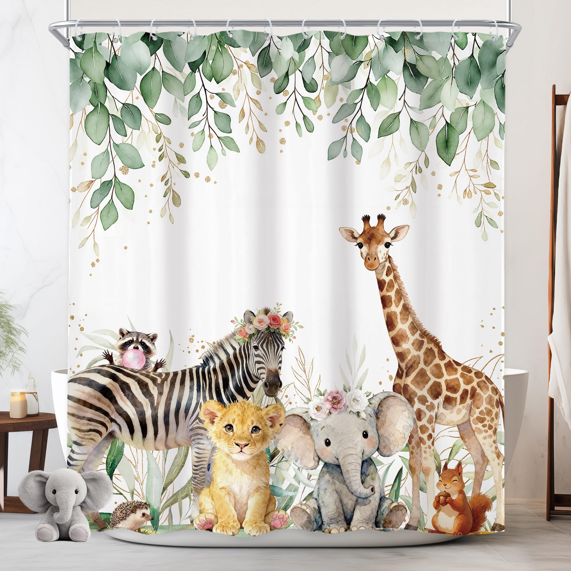 Newsely Kids Woodland Animal Eucalyptus Shower Curtain 60Wx72H Inch Cute Spring Leaves Fun Cartoon Botanical Wildlife Bathroom Set Boys Girls Nursery Waterproof Bath Decoration Accessories Home Decor