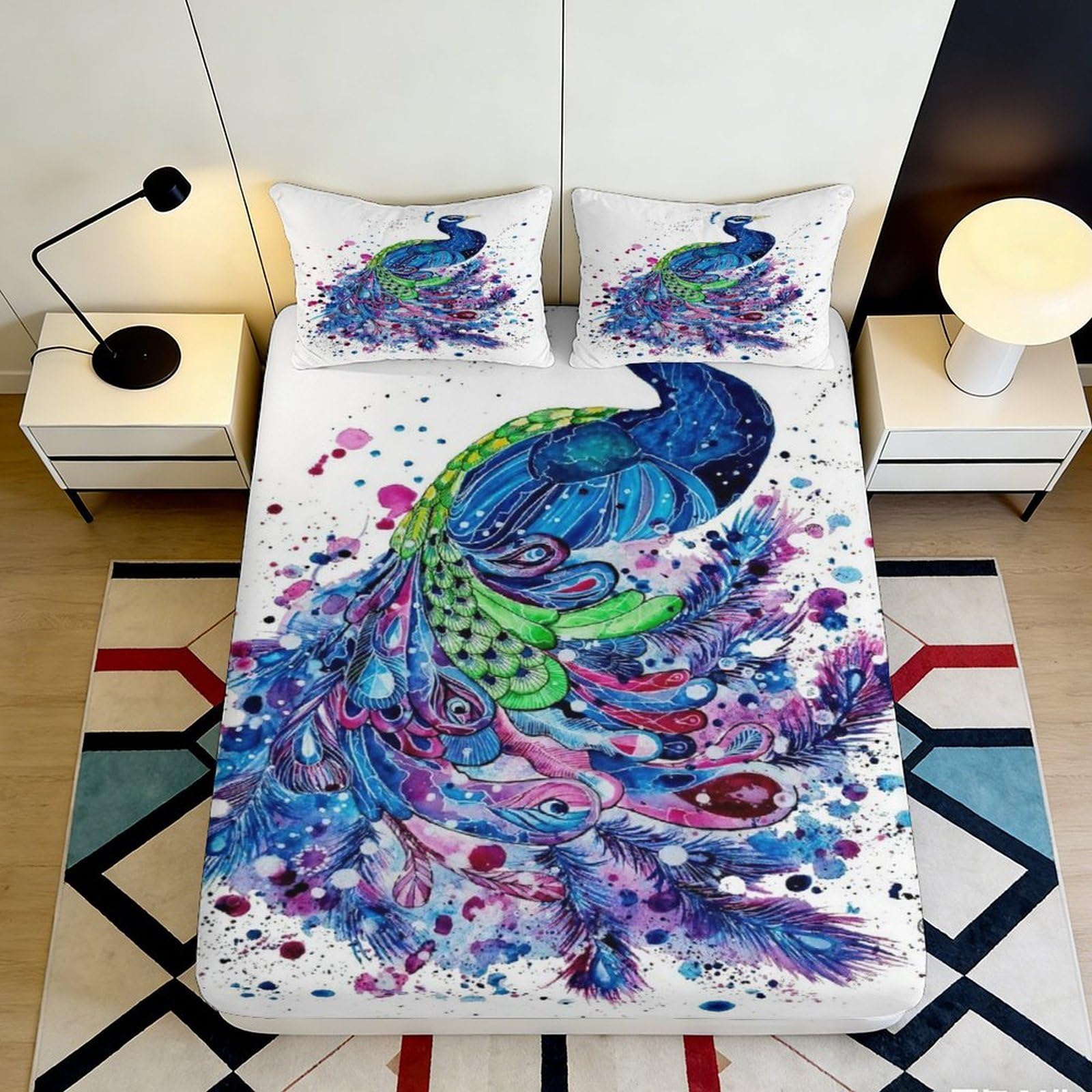 3D Printed Peacock Feather Fitted Sheet Microfiber Colorful Bird Bed Sheet for Bedroom Guest Room Mattress Protection Decor 90x200x25cm