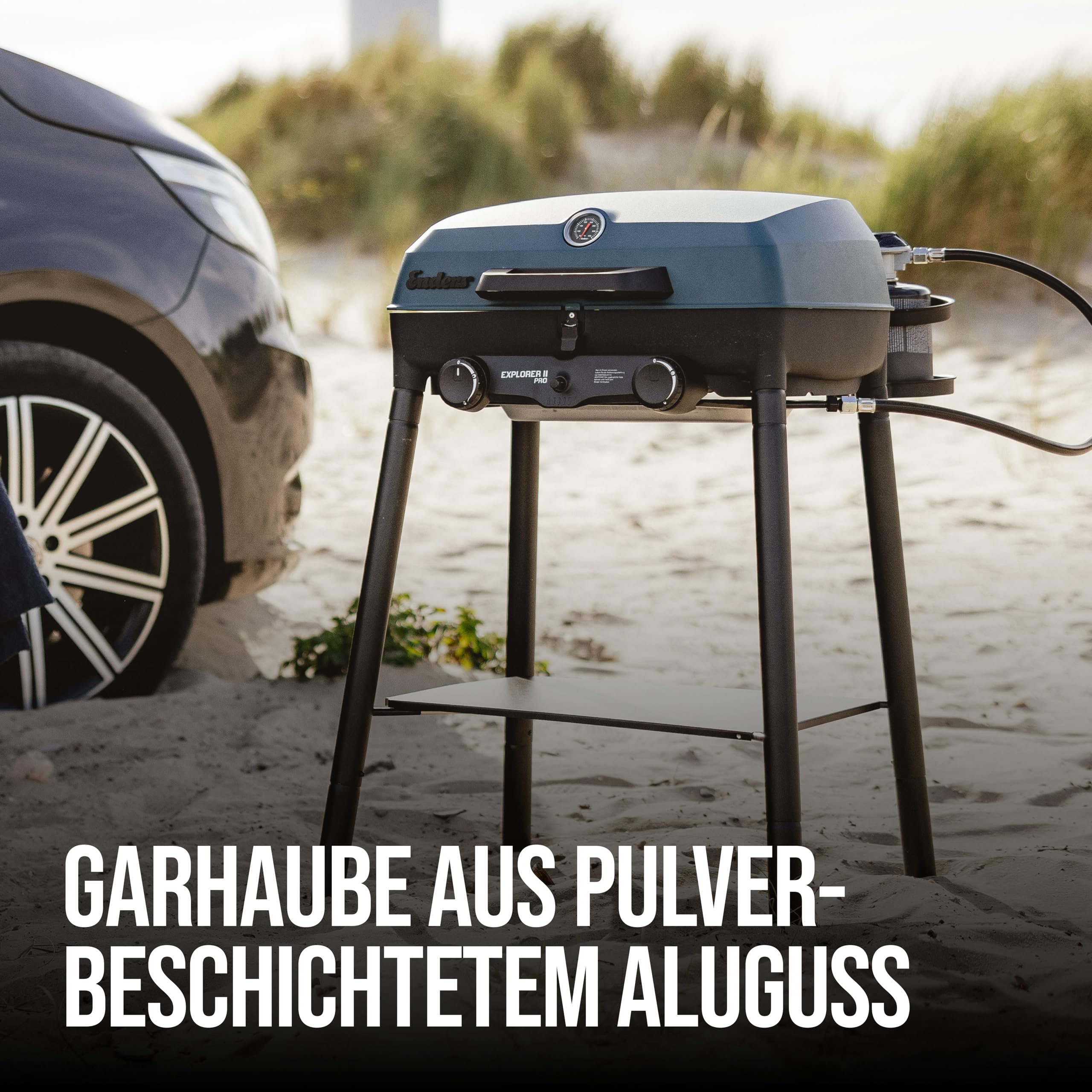 Enders® Camping Gasgrill EXPLORER II PRO, integriertes Grill-Thermometer, Grillen-, Kochen-, Backen Funktion, 2 Brenner Edelstahl, kleiner Balkon-Picknick-Grill - Aluguss-Grillwanne, #2108