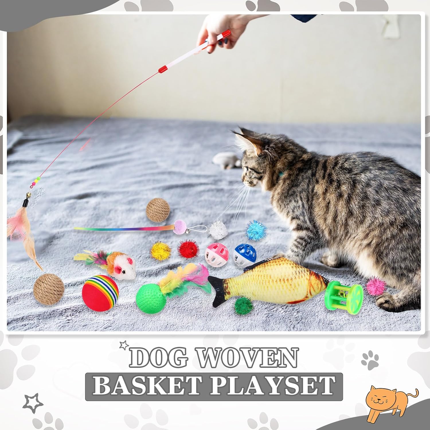 Zopeal 76 Pcs Mother's Day Cat Storage Basket Gift Toys Set Interactive Cat Toys Kitten Wand Colorful Flashing Balls Pet Crinkle Balls Attract Kitten to Swat, Hunt for Pet Indoor(Grey)