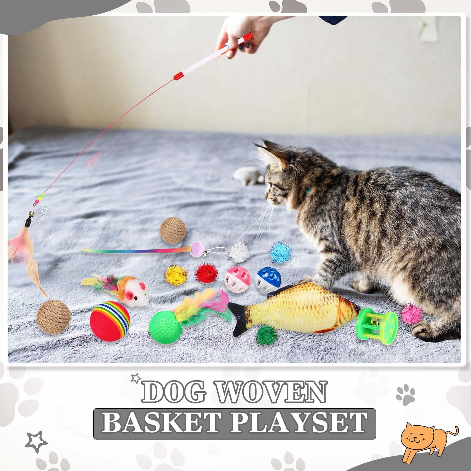 Zopeal Lot de 76 jouets interactifs pour chat, baguette pour chaton, balles clignotantes colorées, clochette pour animal domestique, balles froissées pour attirer le chaton à taper, mordre, chasser