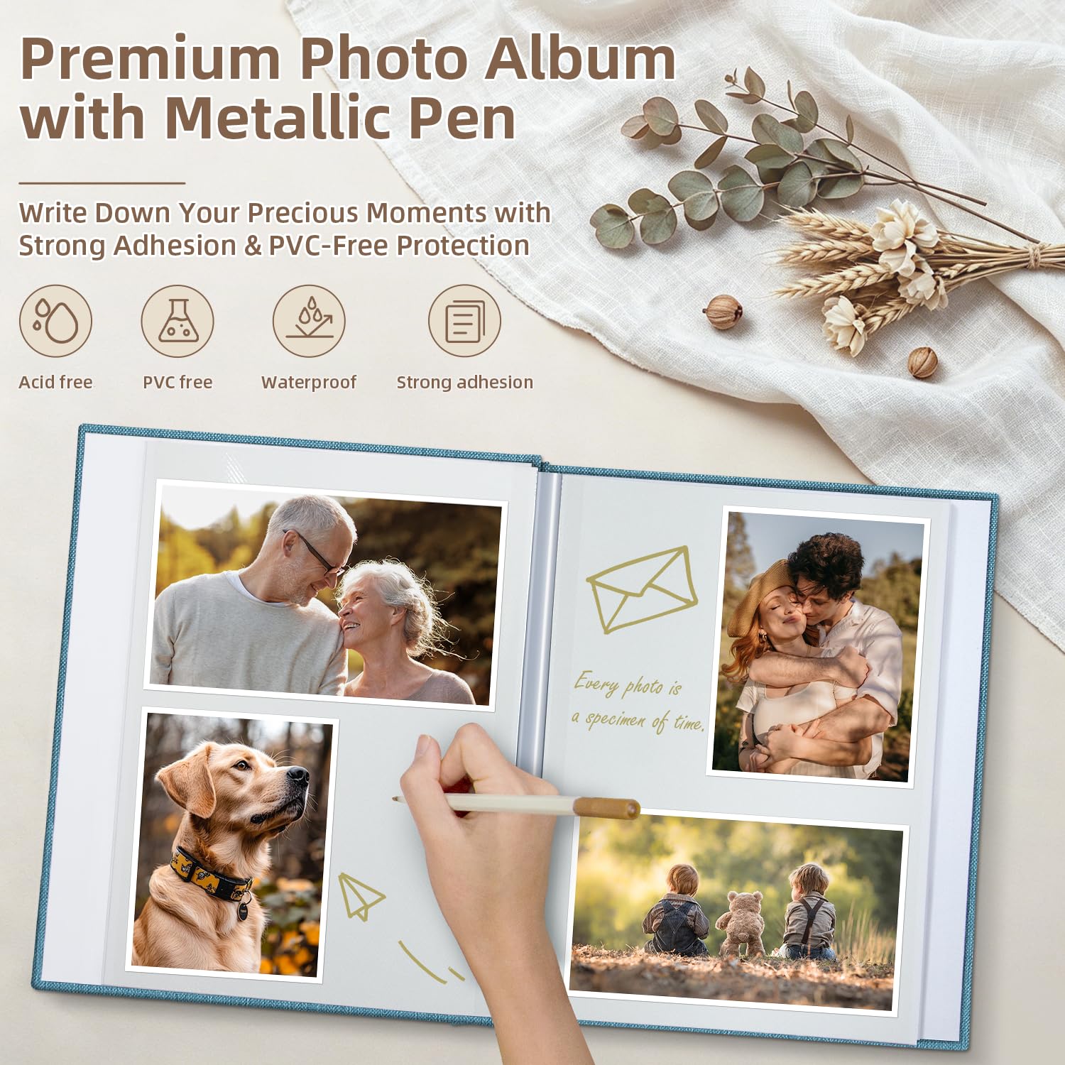 popotop Album fotografico autoadesivo in lino, 15 x 10 cm, 15 x 18 cm, 20 x 25 cm, 40 pagine, album fotografico personalizzato per matrimoni, bambini, viaggi, Polaroid, con raschietto e penna