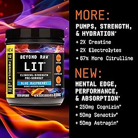 BEYOND RAW LIT V2 Clinical Strength Pre Workout Powder, Hits Harder, Bigger Pumps, Caffeine, L-Citrulline, Creatine, Blue Raspberry, 30 Servings