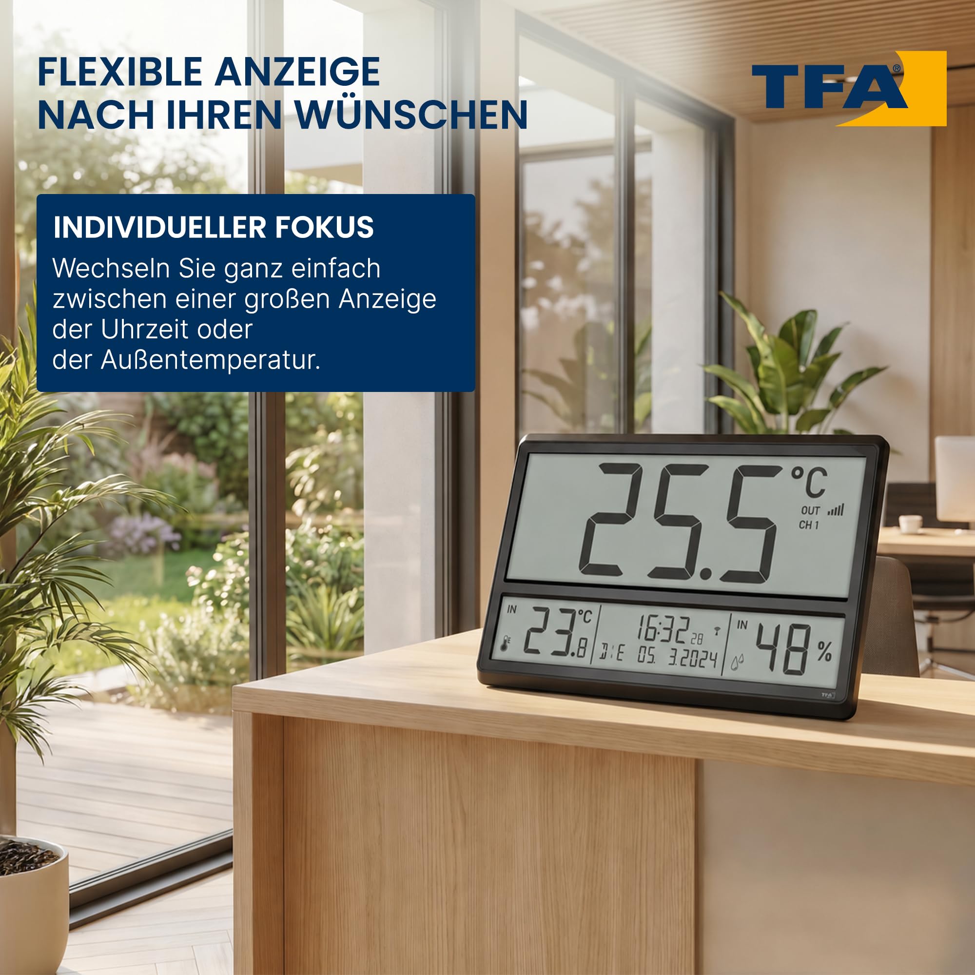 TFA Dostmann Digitale XL Wanduhr, 60.4523.01, mit Außentemperatur und Raumklima, Funkuhr, 24h Anzeige, vollständiges Datum, schwarz, (L) 360 x (B) 235 x (H) 28 (84) mm