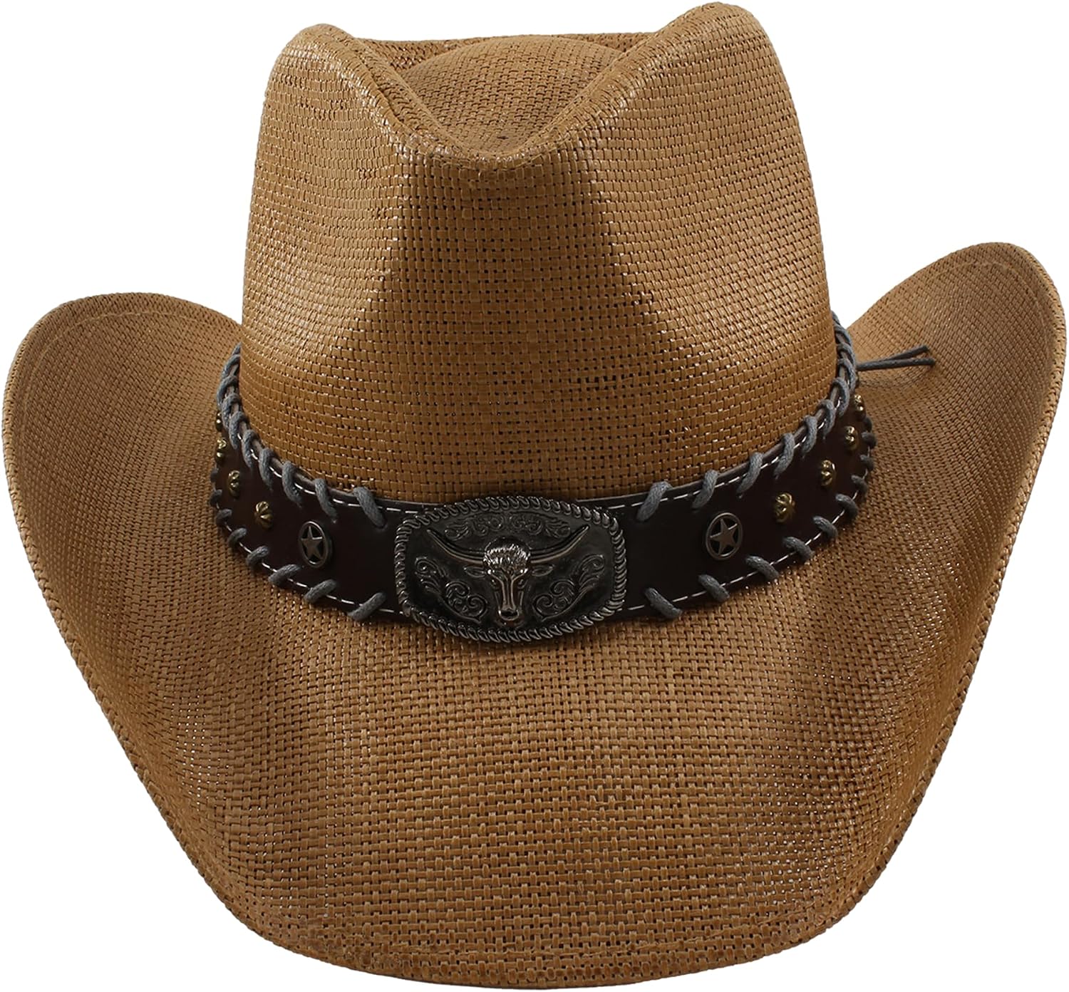 Carnavalife Western Cowboy Hat for Men and Women with Studded Band and Bull Buckle, Adjustable Straw Hat