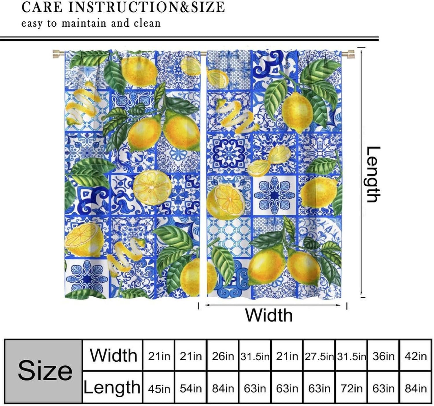 Yellow Lemon Blackout Curtains for Kitchen,Vintage Retro Summer Fruit Blue White Floral Pattern Printed Window Treatments for Dining Room Living Room Bedroom 42x63in