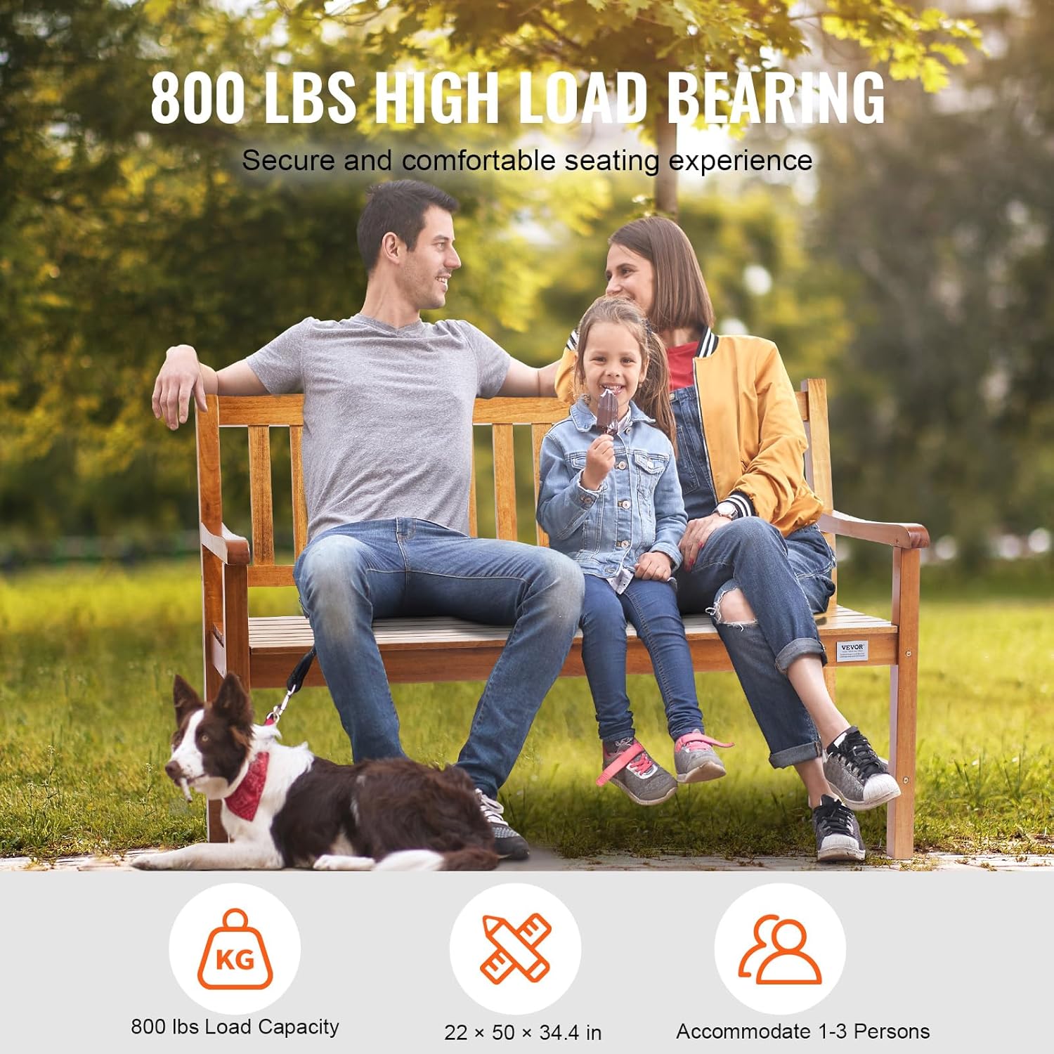 A family with a child and a dog sitting on the VEVOR Wood Outdoor Bench, illustrating its 800 lbs load capacity and seating for 1-3 people.
