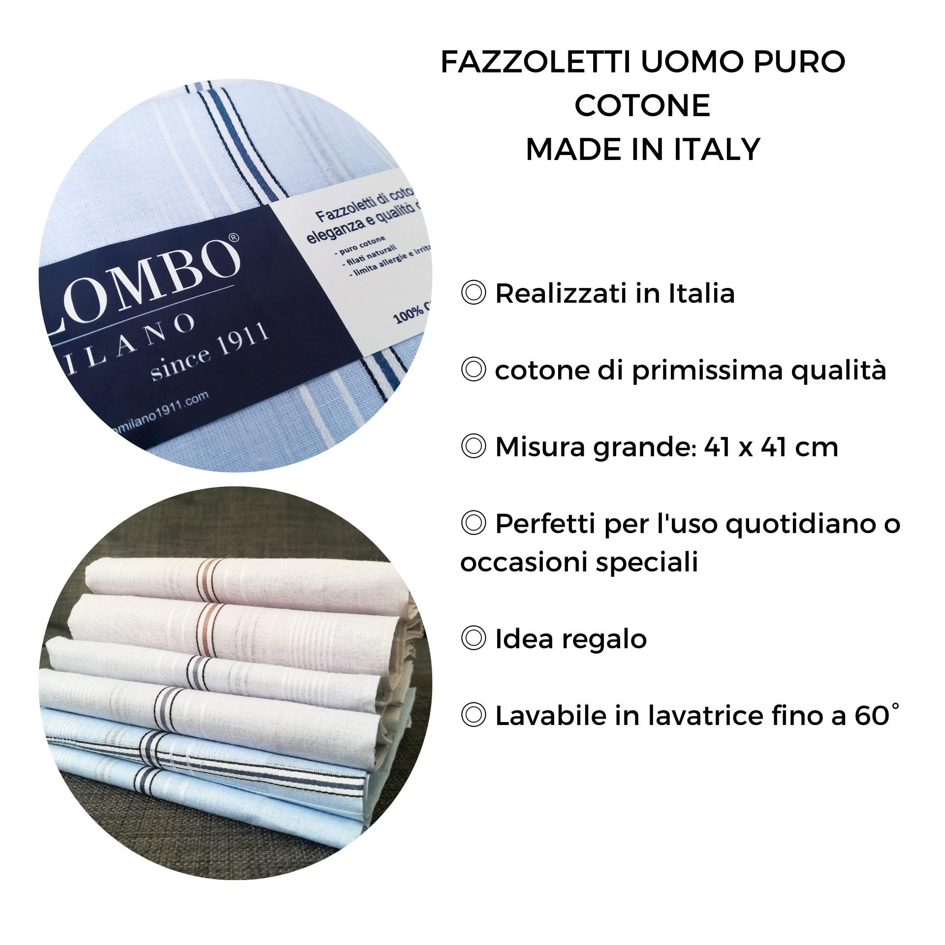 Fazzoletti da Uomo in Puro Cotone 100% | Misura Grande 41 x 41 cm | Pacco da 12 Pezzi |Bianchi - Colorati | Confezione Regalo | Made in Italy