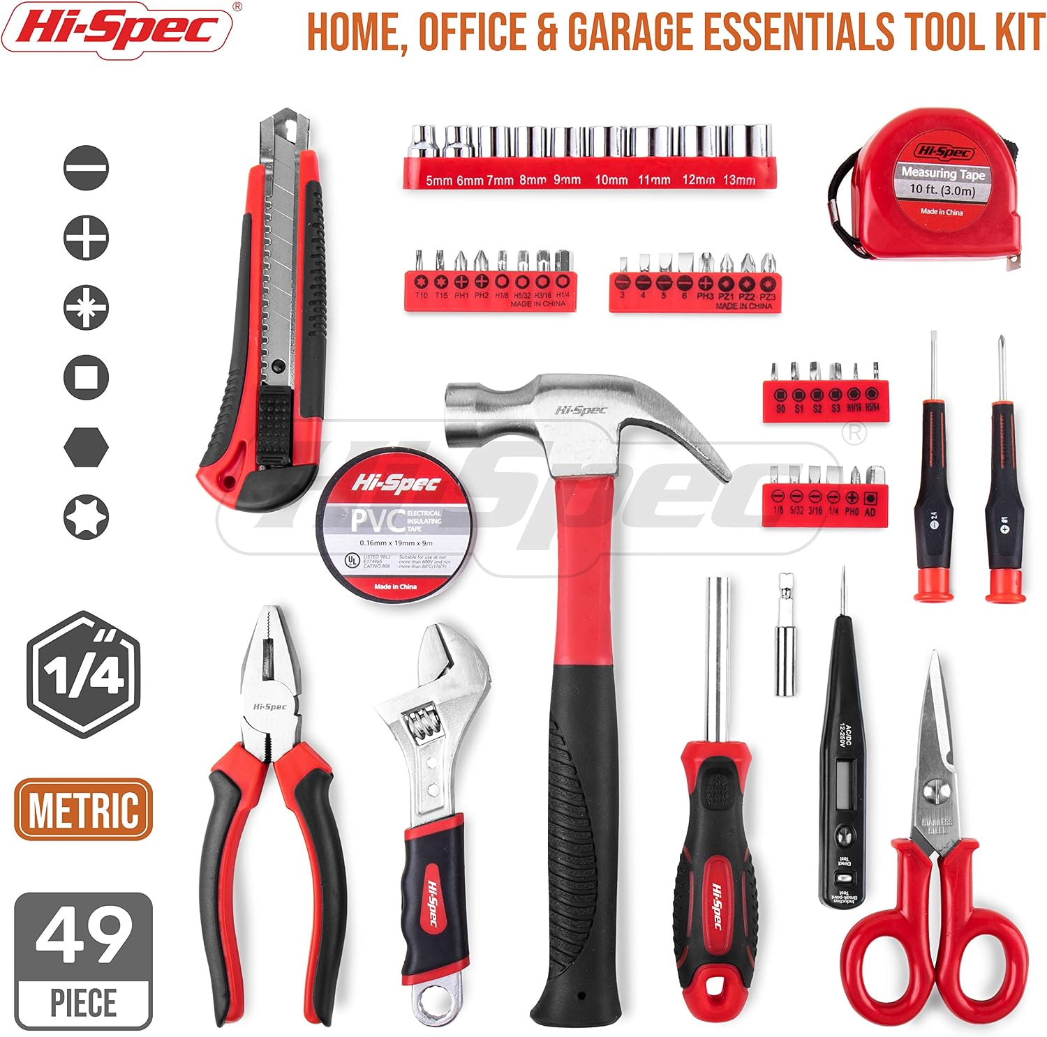Hi-Spec 49 Piece Home DIY Hand Tool Kit Set. Finish Everyday Repairs in The Household & The Office with Essential General Purpose Tools. Complete in a Portable Tool Box Case