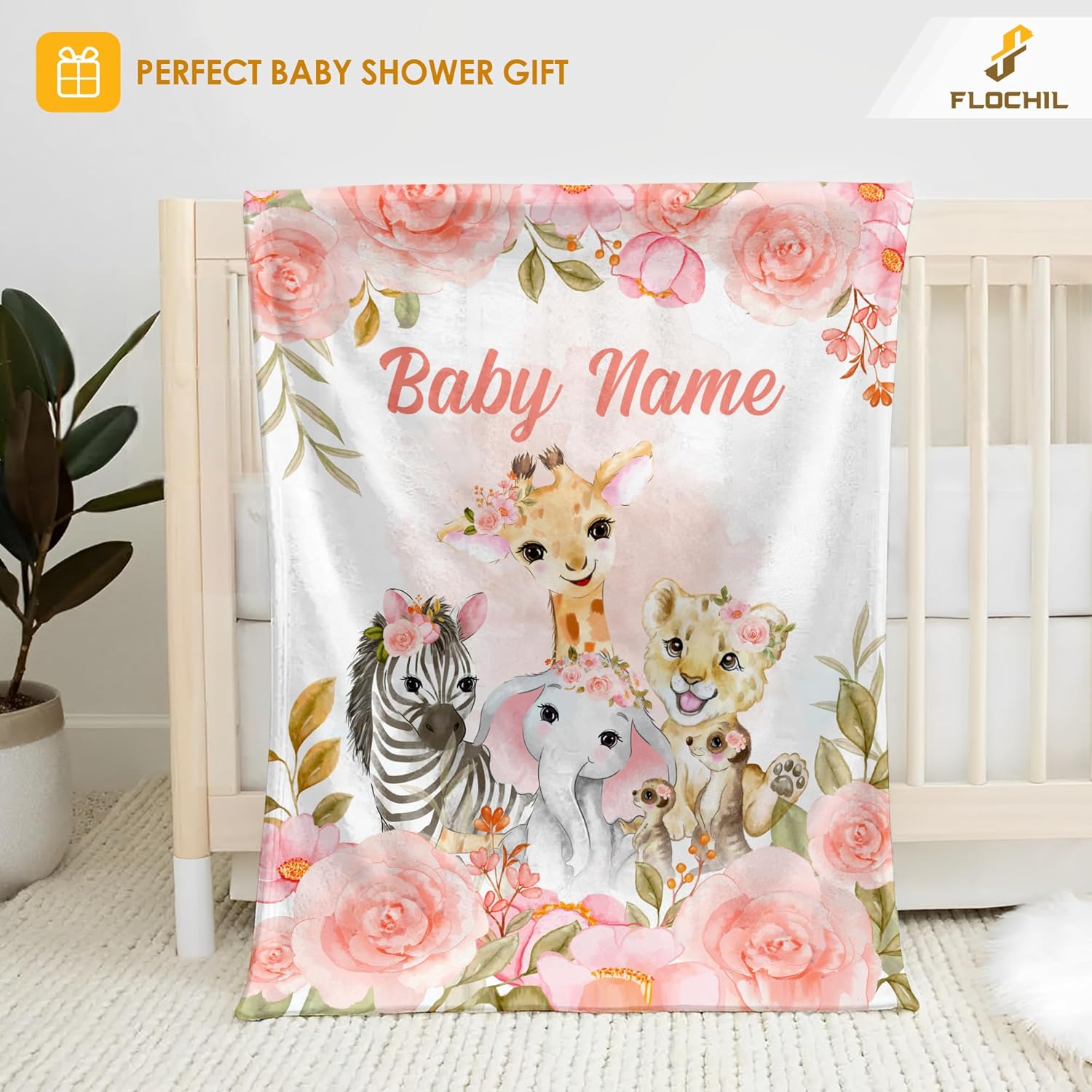 FLOCHIL Personalized Baby Blanket for Girls, Custom Baby Blanket with Name, Customized Woodland Baby Blanket, Gift for Baby Shower, Toddler, Babies, Newborn