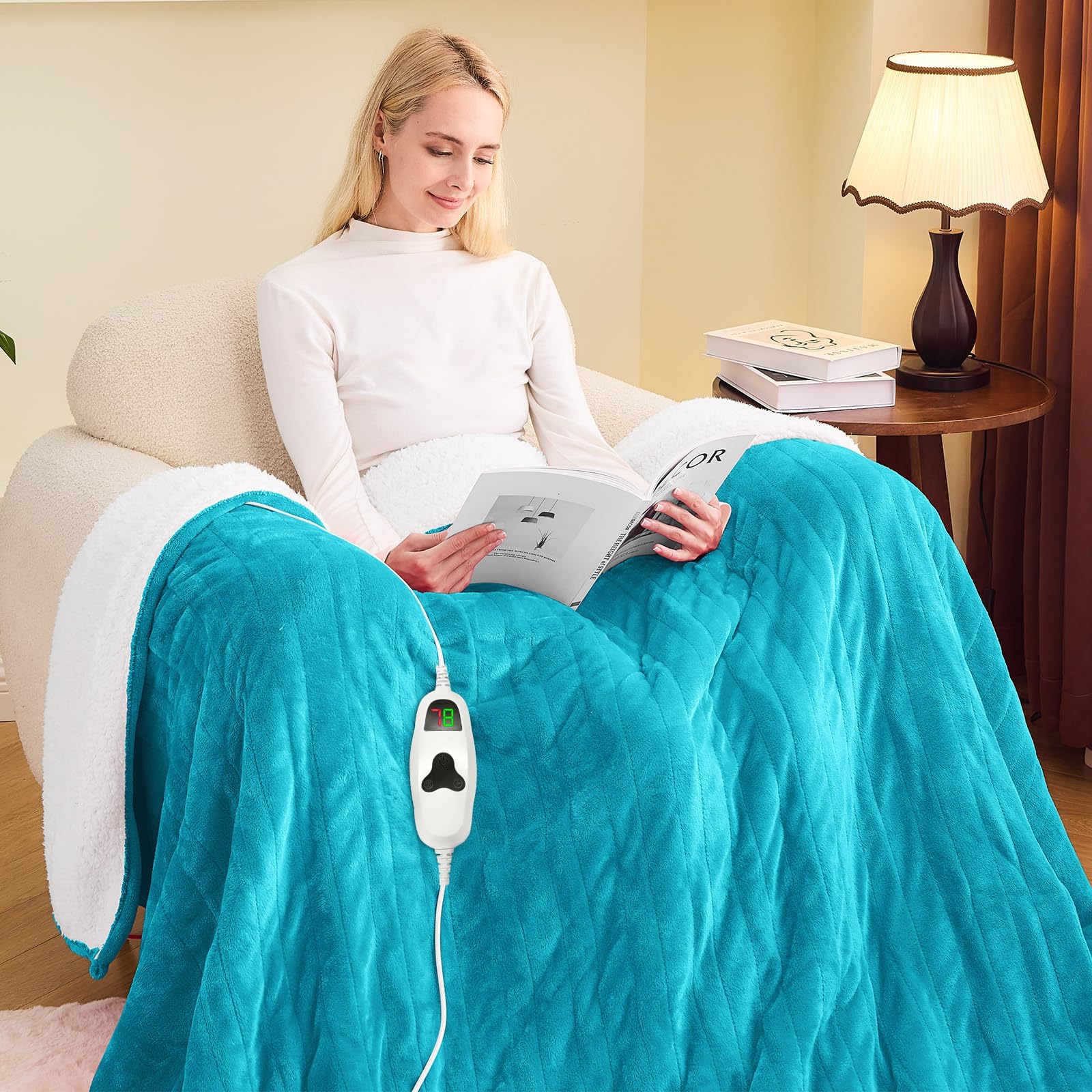 greenoak Heated Blanket Electric Full 72"X84", Heating Blanket with 10 Heat Levels 1/2/4/6/8 Hours Auto-Off, Soft Flannel Sherpa Warm Heater Christmas Blanket, Aqua Green