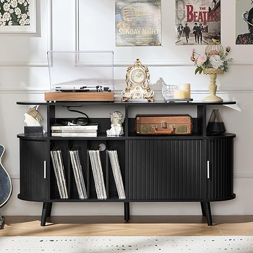LELELINKY Extra Large Round Record Player Stand with Charging Station & Fluted Panel, Mid Century Modern Turntable Cabinet with Vinyl Storage, Arched Wood Record Player Table for Living Room,Black