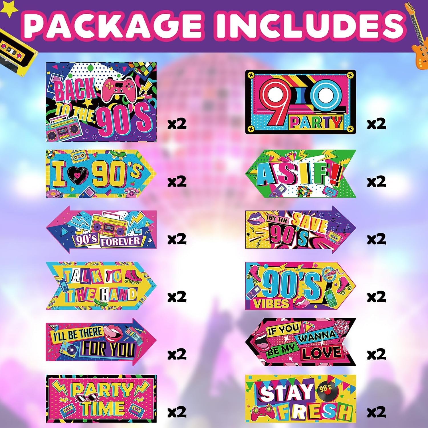 24 Pcs 90s Party Decorations 90's Photo Booth Props Party Sign Disco Decor Back to 90s Posters Funny Photo Wall Decor for Adult Colorful Classic Throwback Birthday Supplies Favors