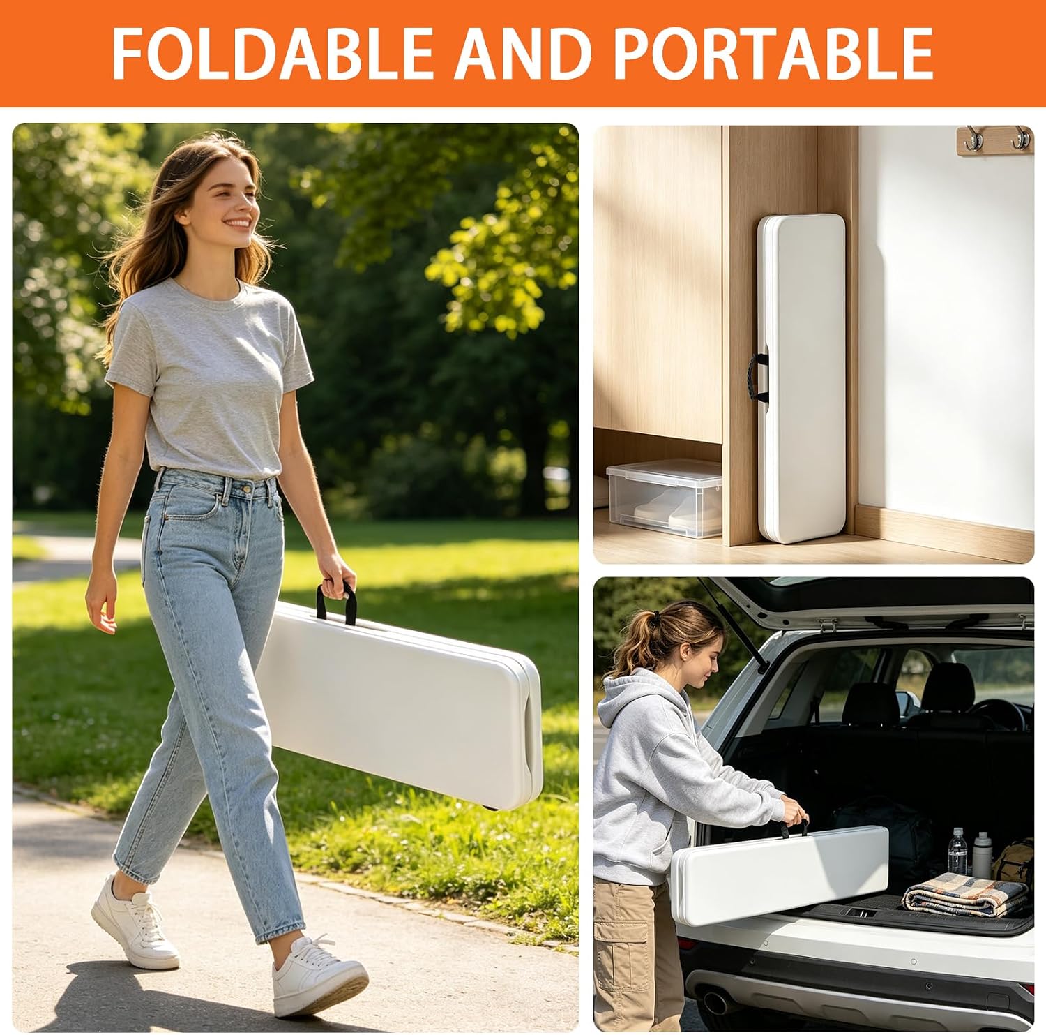 Plastic Folding Bench Seat, Heavy Duty Portable 6 Foot Foldable Bench for Indoor Outdoor Picnic Camping Dining Soccer Garden Multipurpose Entertaining Activities, White