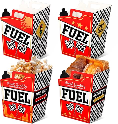 Colarr 12 cajas de combustible para autos de carreras, suministros de fiesta de cumpleaños, cajas de bandera a cuadros en blanco y negro, centro de