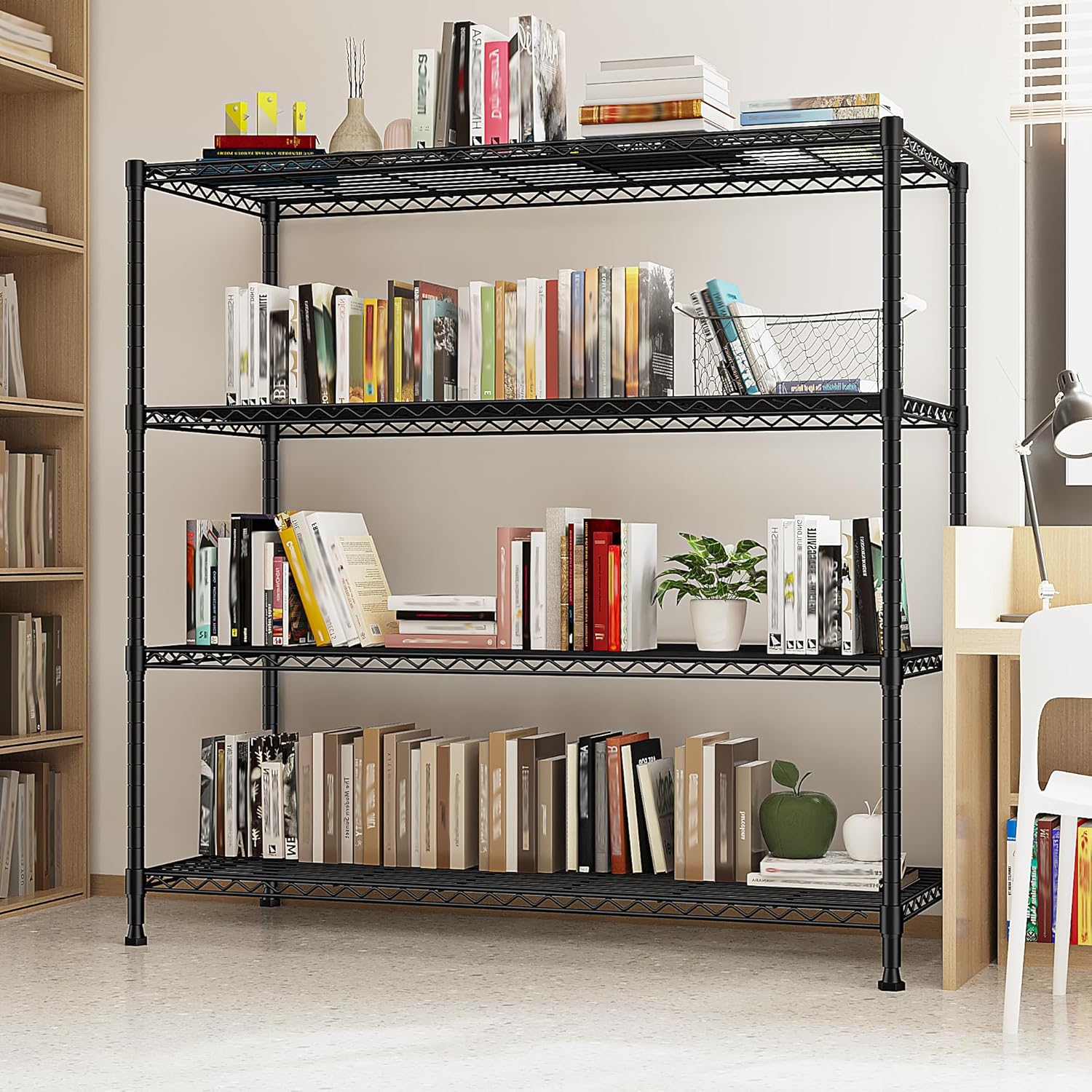 45 "W Metal Shelving Unit 4 Tier Storage Shelves Adjustable Wire Shelving Metal Shelf Pantry Shelves Wire Rack Commercial Shelving for Kitchen Pantry Utility Room Garage 45 "W x 59.4 "Hx 13.5" D Black
