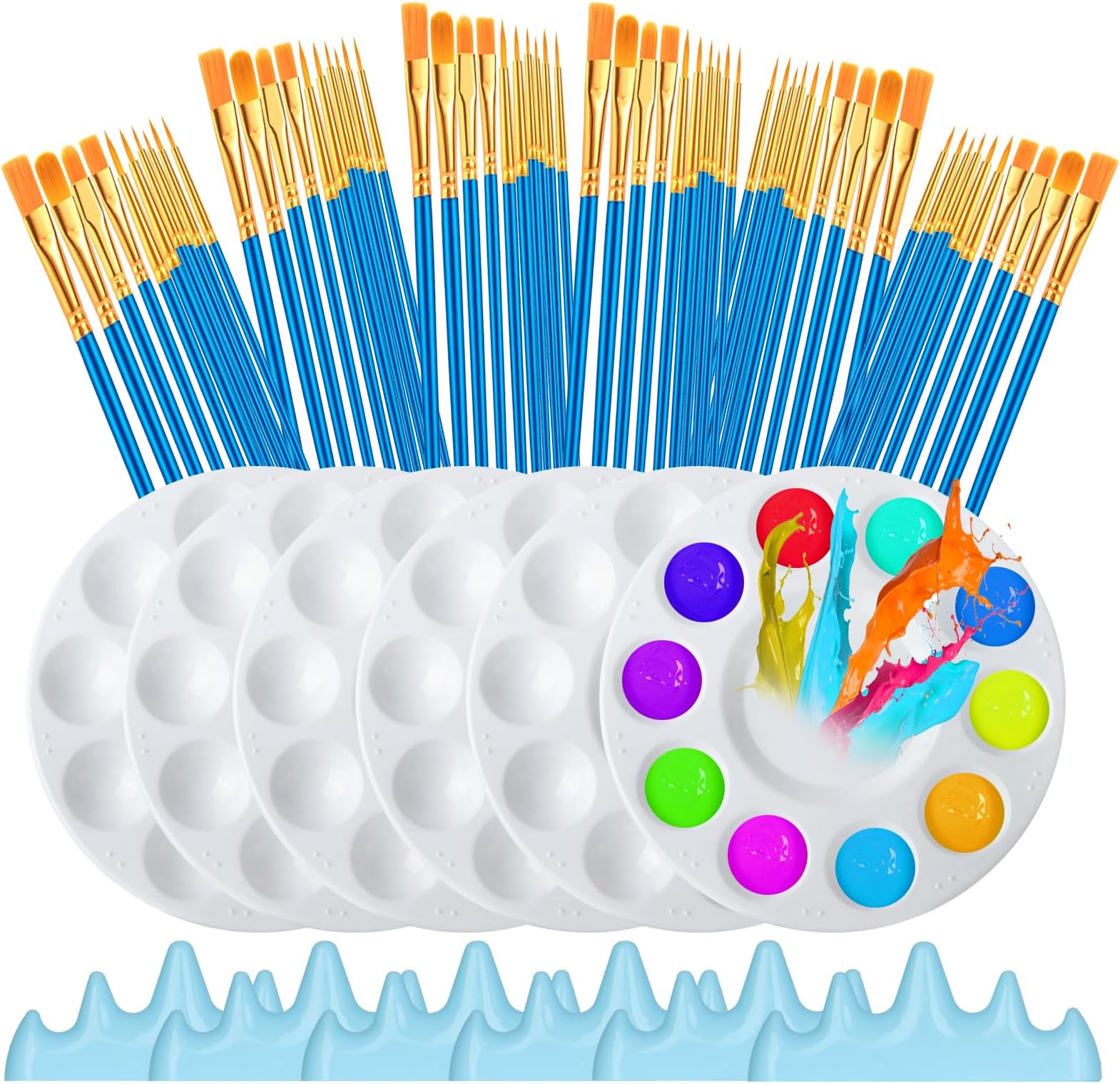 72 Pcs Paint Brush and Palette Set, 60 Pieces Paint Brushes and 6 Palette, Paint Brushes Set with 6 Pen Holders Convenient Storage, for Watercolor Painting, Handicraft Painting