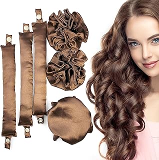 Satin Heatless Curling Rod Set, Pillow Soft Rollers with Hair Caps and Headband for No-Heat Curls - All Hair Types (3Sets-Brown)