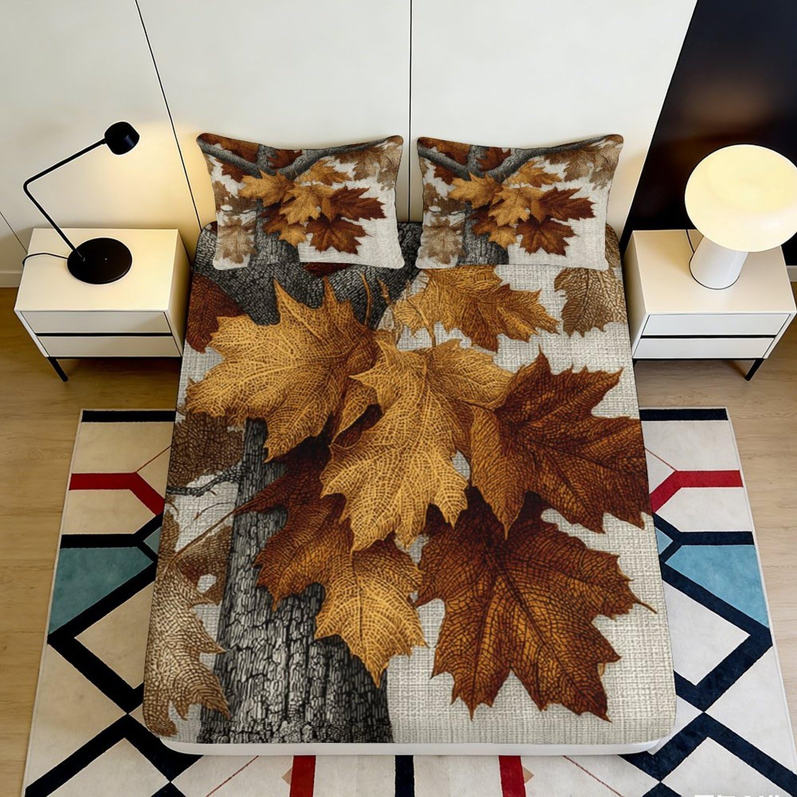 3D Printed Autumn Leaves Fitted Sheet Microfiber Soft Breathable Maple Tree Bed Cover for Bedroom Guest Room Decor 90x200x25cm