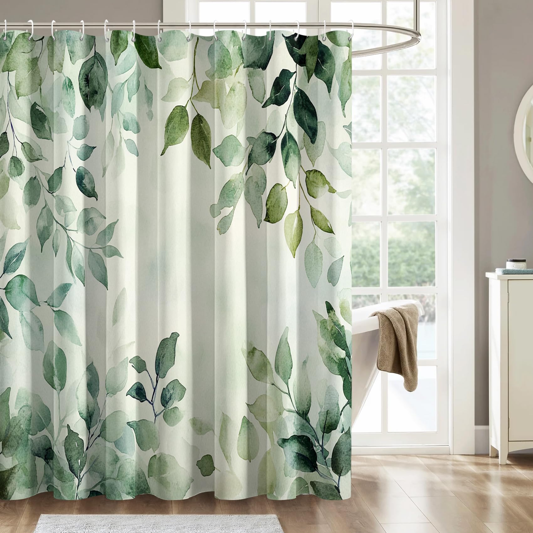 Shower Curtain Green Leaf Design, Watercolor Plant Shower Curtains for Bathroom Decor, Botanical Leaves Fabric Bath Curtain with 12 Hooks, 54x78 Inch