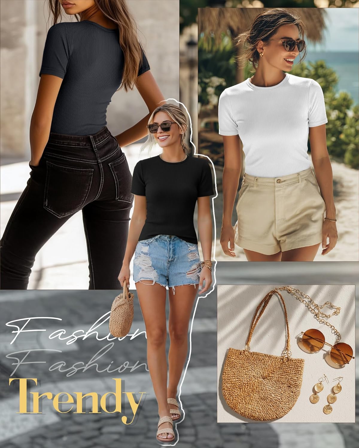 Ficerd 3 Pack Women's Ribbed T-Shirts, Cotton Short Sleeve Basic Tees Crewneck Fitted Tops Casual Shirts 2026 Summer Trendy - Image 3