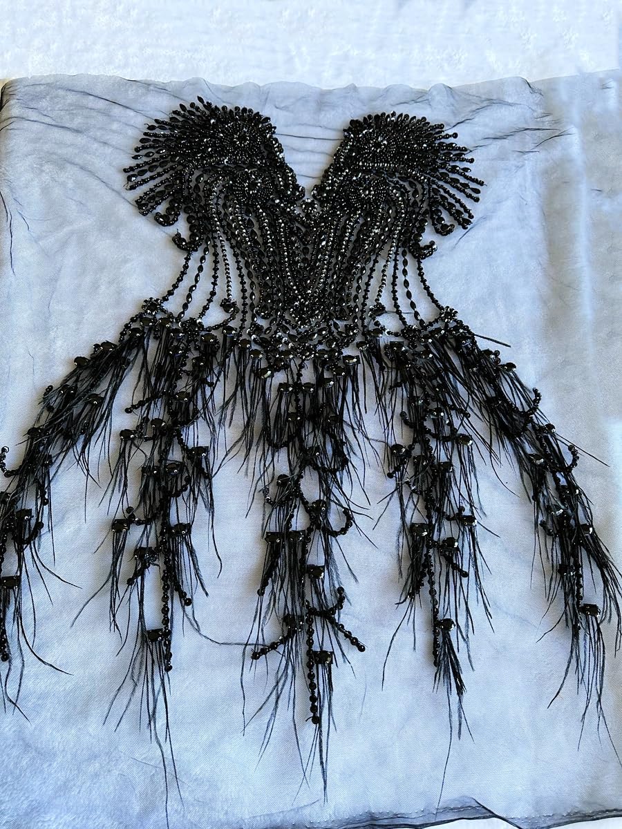 Pure handsewing Beads Trim Patches Rhinestones Bodice Applique with Ostrich Fur Decoration Shining Dress Clothing Accessories (Black)