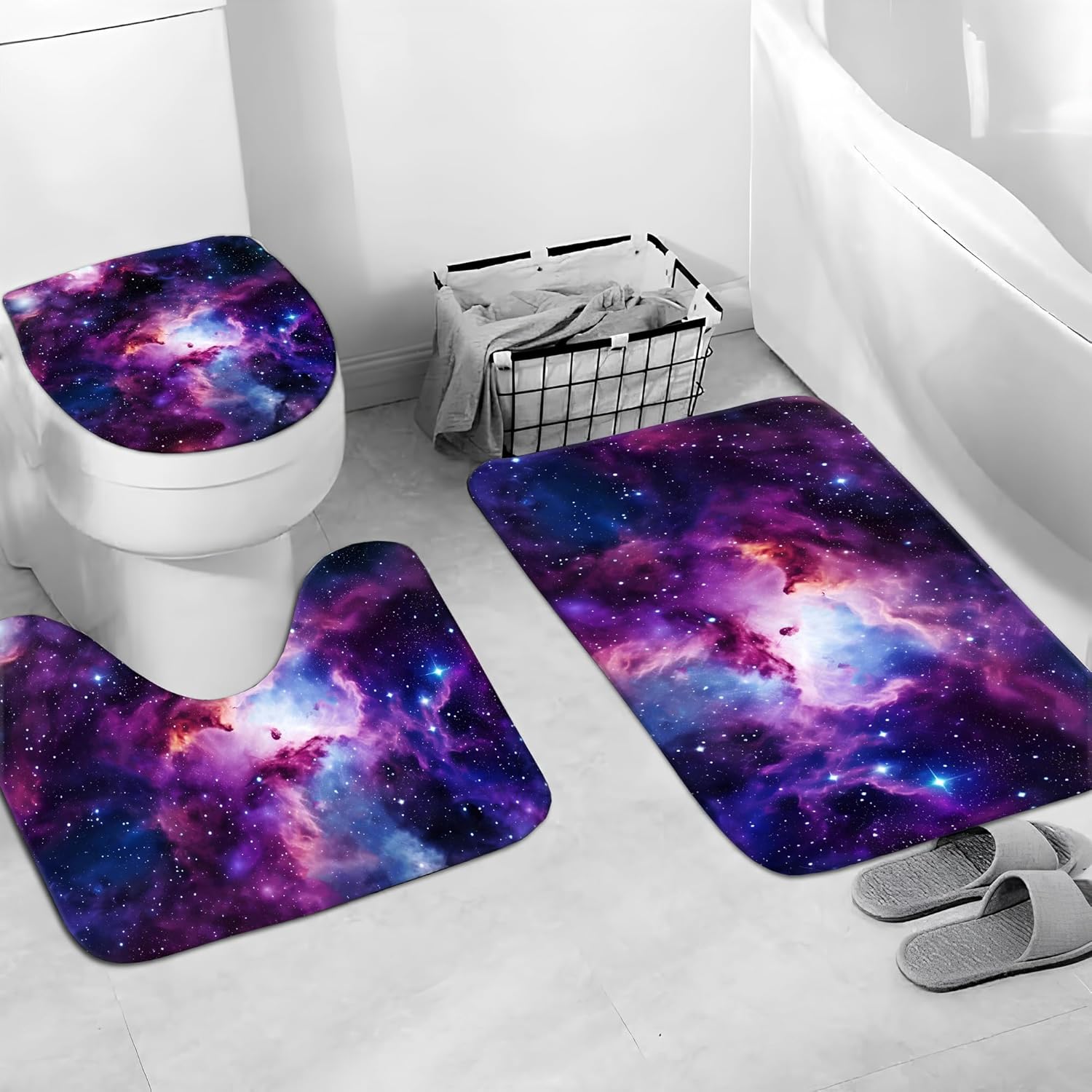 Space Galaxy Shower Curtain Bathroom Sets 4 Piece, Outer Star Themed Starry Shower Curtain Purple Trippy Universe Nebula Bath Mat with Non-Slip Rugs, Toilet Lid Cover Bathtub Restroom Home Decorations
