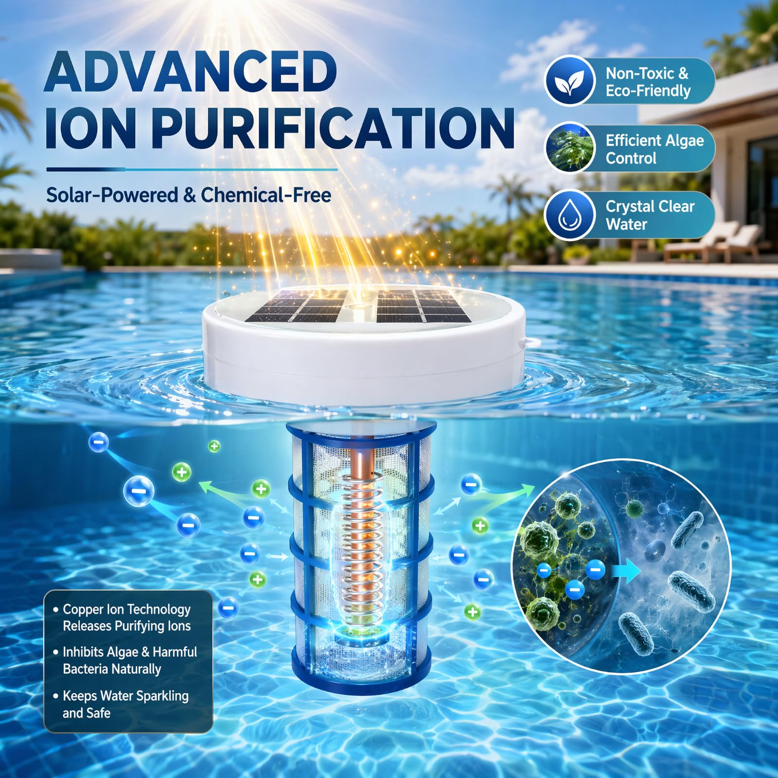 Solar Pool Ionisator, Automatischer Wasserreiniger, Solar Poolreiniger mit Mehrfarbige LED-Leuchten, Kupfer Ionreiniger Pool Zubehör für Aufstellpool und Einbautbecken