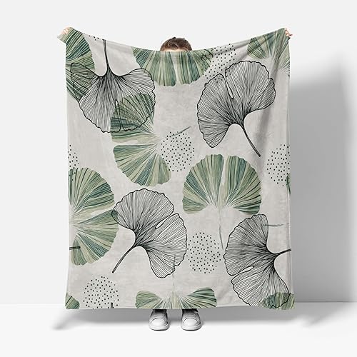 Miniatura 6 de Manta de invierno y otoño para sofá de 60 x 80 pulgadas, manta de franela de forro polar con estampado abstracto de hojas de ginkgo, manta suave