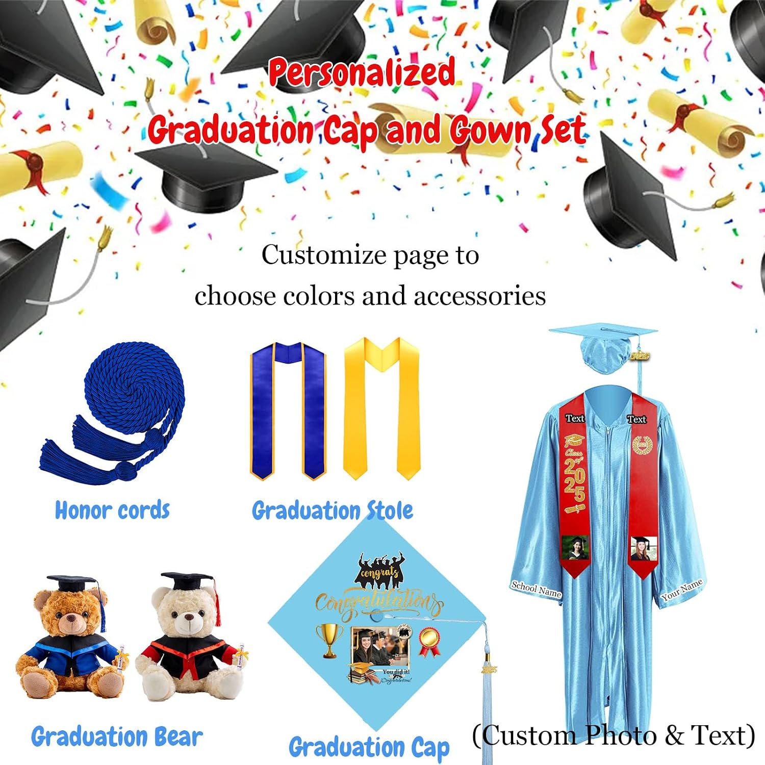 Custom Graduation Gown and Cap 2026, Personalized Graduation Cap and Gown with Grad Stole for High School College