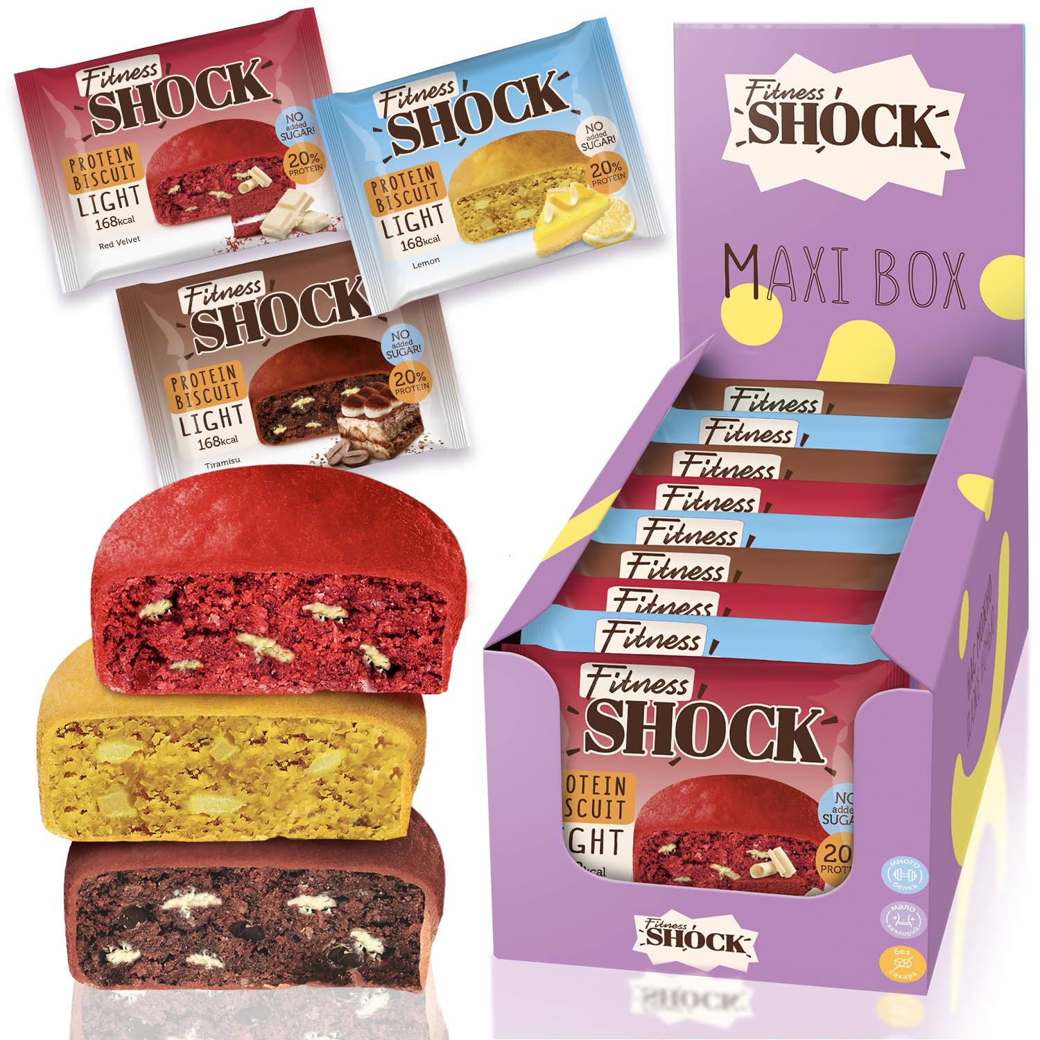 FitnesSHOCK Protein Snack No Added Sugar, 20%/8g Protein, 168 kcal, Pre/Post Workout Treat - No Palm Oil, Filling dietary fibre, Soft Texture, 9x40g - Variety pack: red velvet cake, lemon, tiramisu