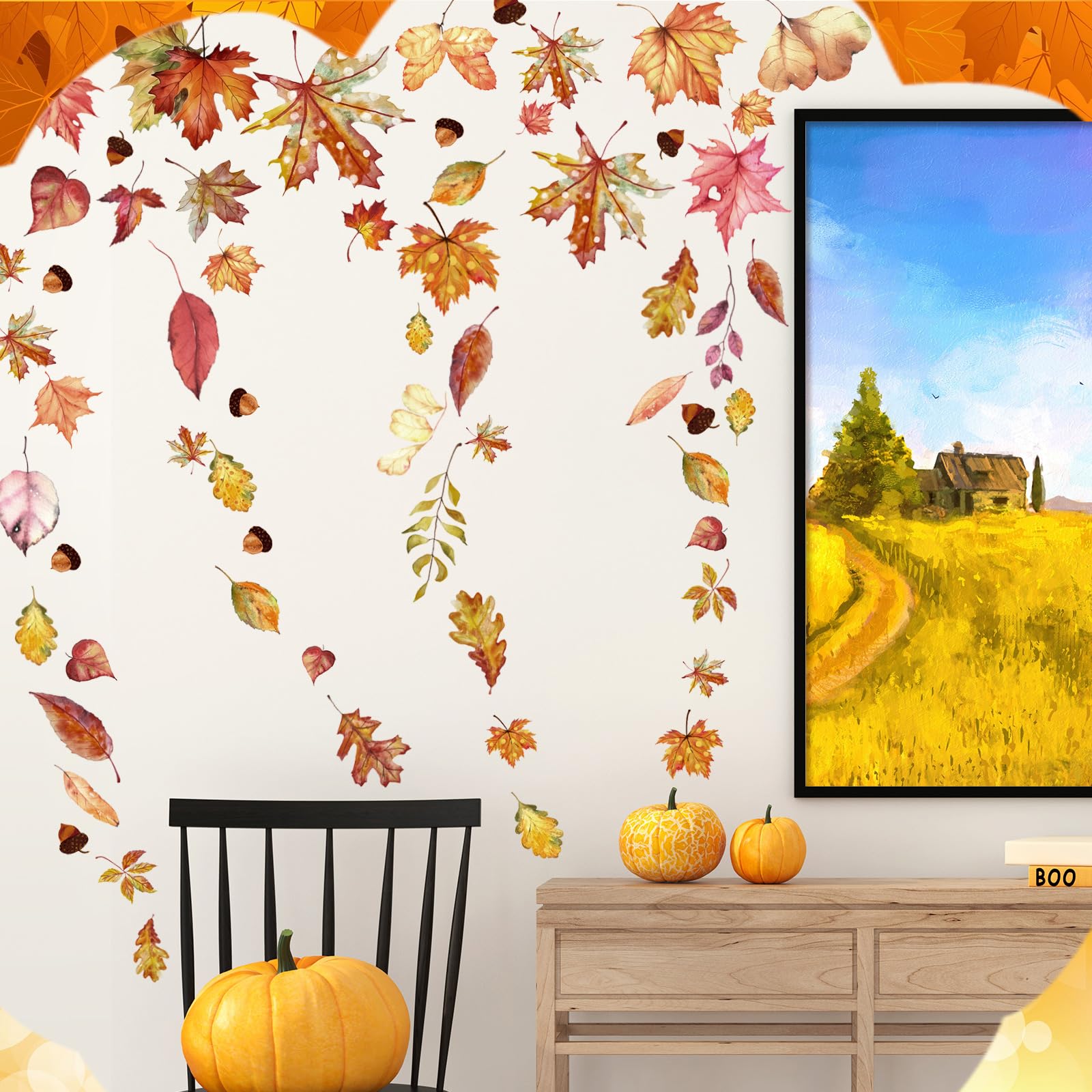 Fall Leaves Wall Decals - Removable Maple Leaf & Pumpkin Stickers For Autumn, Thanksgiving Home Decor