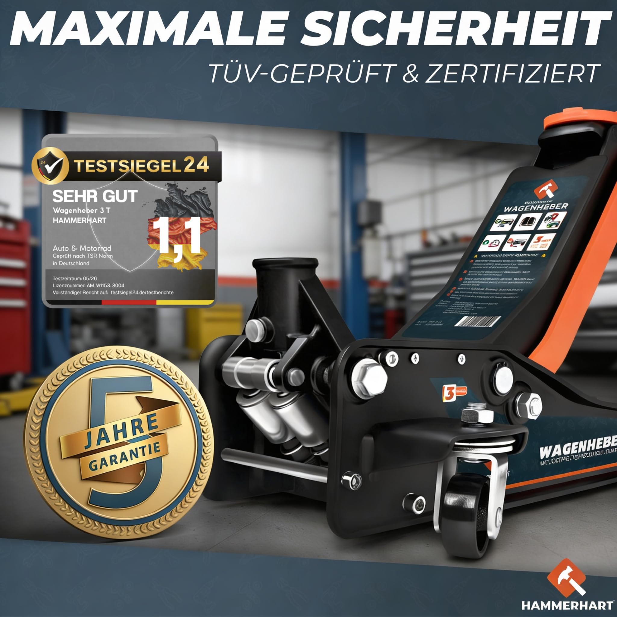 HAMMERHART - Hydraulischer Wagenheber 3T | [Testsieger] Rangierwagenheber mit 75-460mm Hubhöhe | Premium Wagenheber flach mit 360° Rollen & Doppelkolben | Jack mit Gummiauflage & T-Griff
