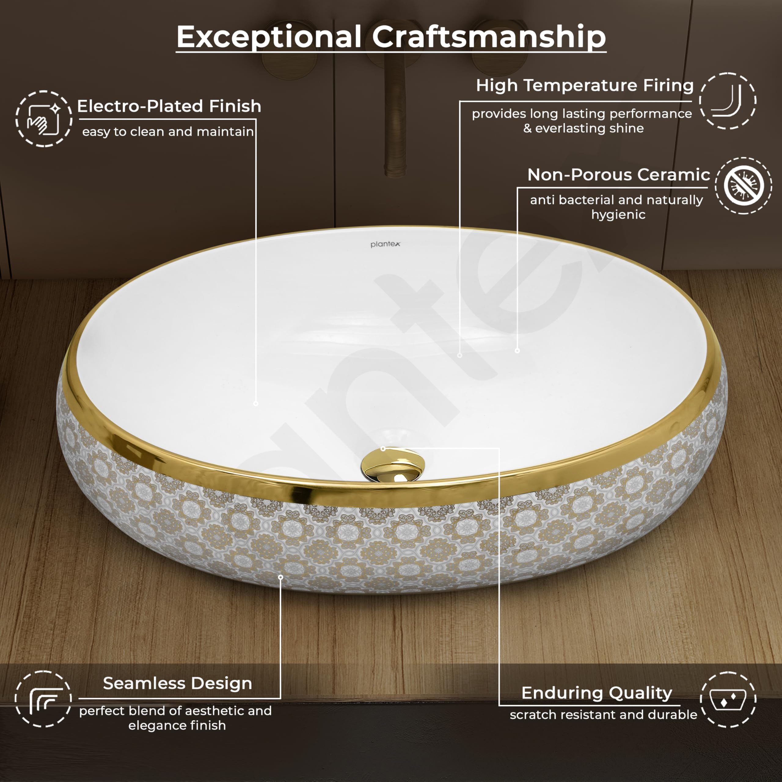 Plantex Ceramic Wash Basin - White & Gold -4 Plantex Ceramic Wash Basin - White & Gold -4
