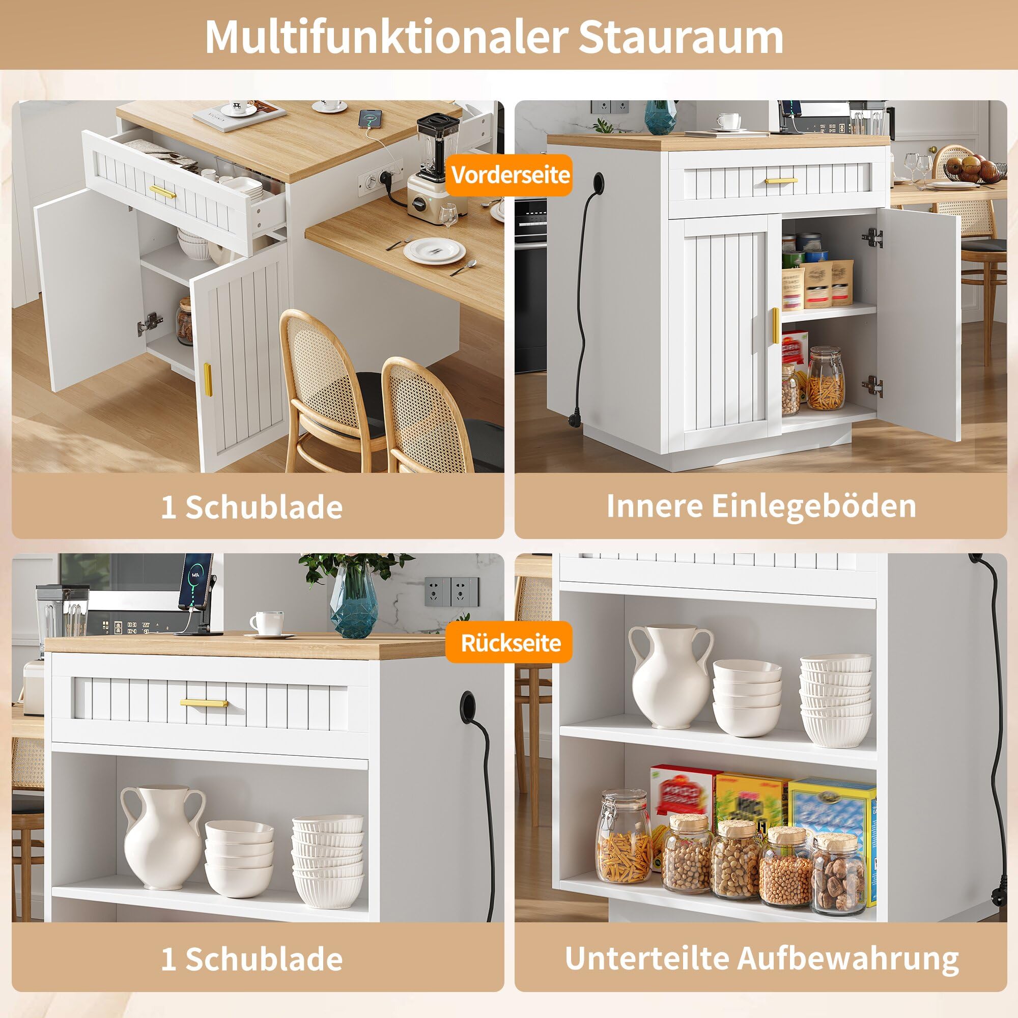 Merax Îlot de cuisine extensible avec prise, 121,5 à 192 cm, îlot de cuisine avec plan de travail et espace de rangement, armoire de cuisine avec 1 tiroir, portes cannelées et étagères réglables