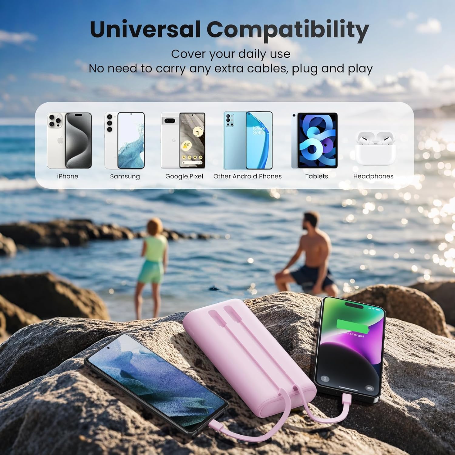 Upgraded Portable Charger 40800mAh Power Bank - Portable Battery with 2 Built in Cables,PD 25W USB C Fast Charging Battery Pack Compatible with iPhone 17 16 15 14 13 Android Phone Tablets etc-Pink