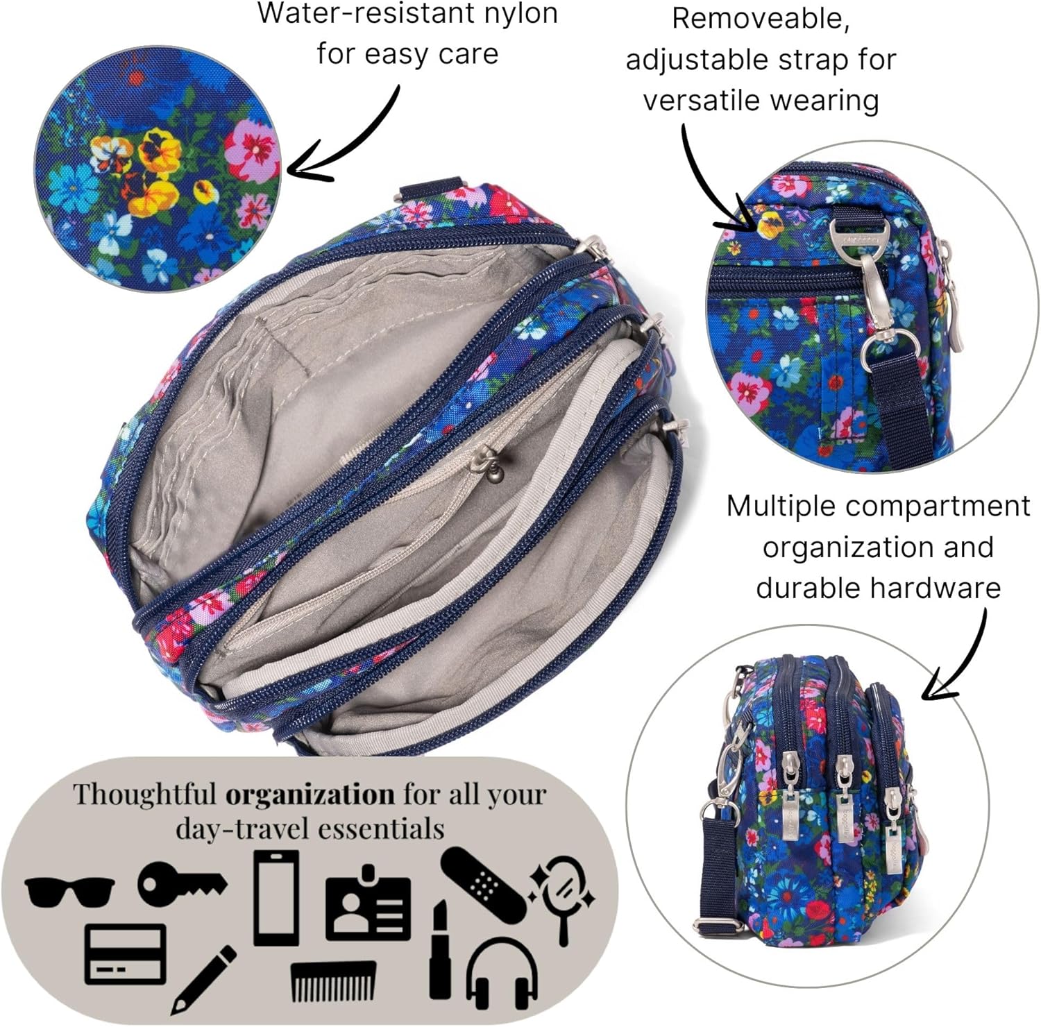 Baggallini Triple Zip Small Crossbody Bag for Women - 8x6 Lightweight Convertible Fanny Pack Belt Bag - Image 4