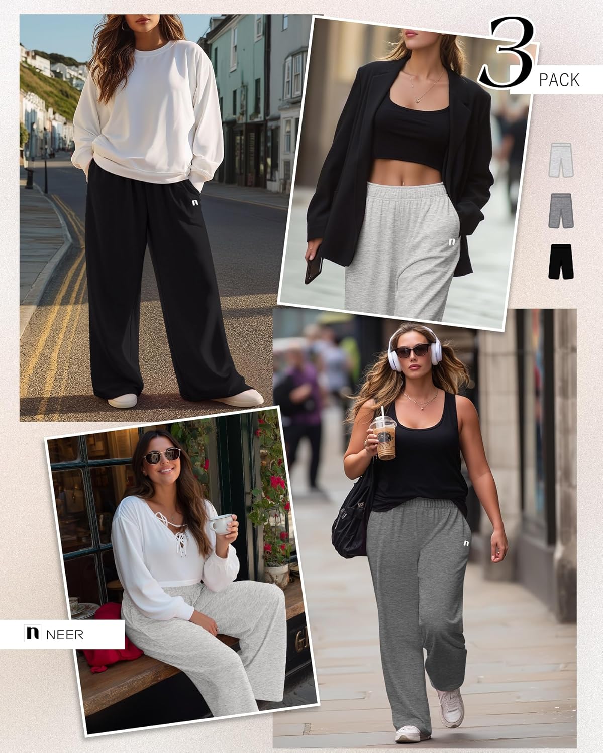 Neer 3 Packs Women's Plus Size Wide Leg Sweatpants High Waist Elastic Waistband Lounge Pants with Pockets - Image 5