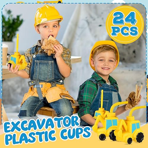 Miniatura 4 de Juego de 24 vasos de excavadora con pajitas, vasos de plástico con forma de excavadora, vasos de plástico reutilizables, regalos de fiesta temática