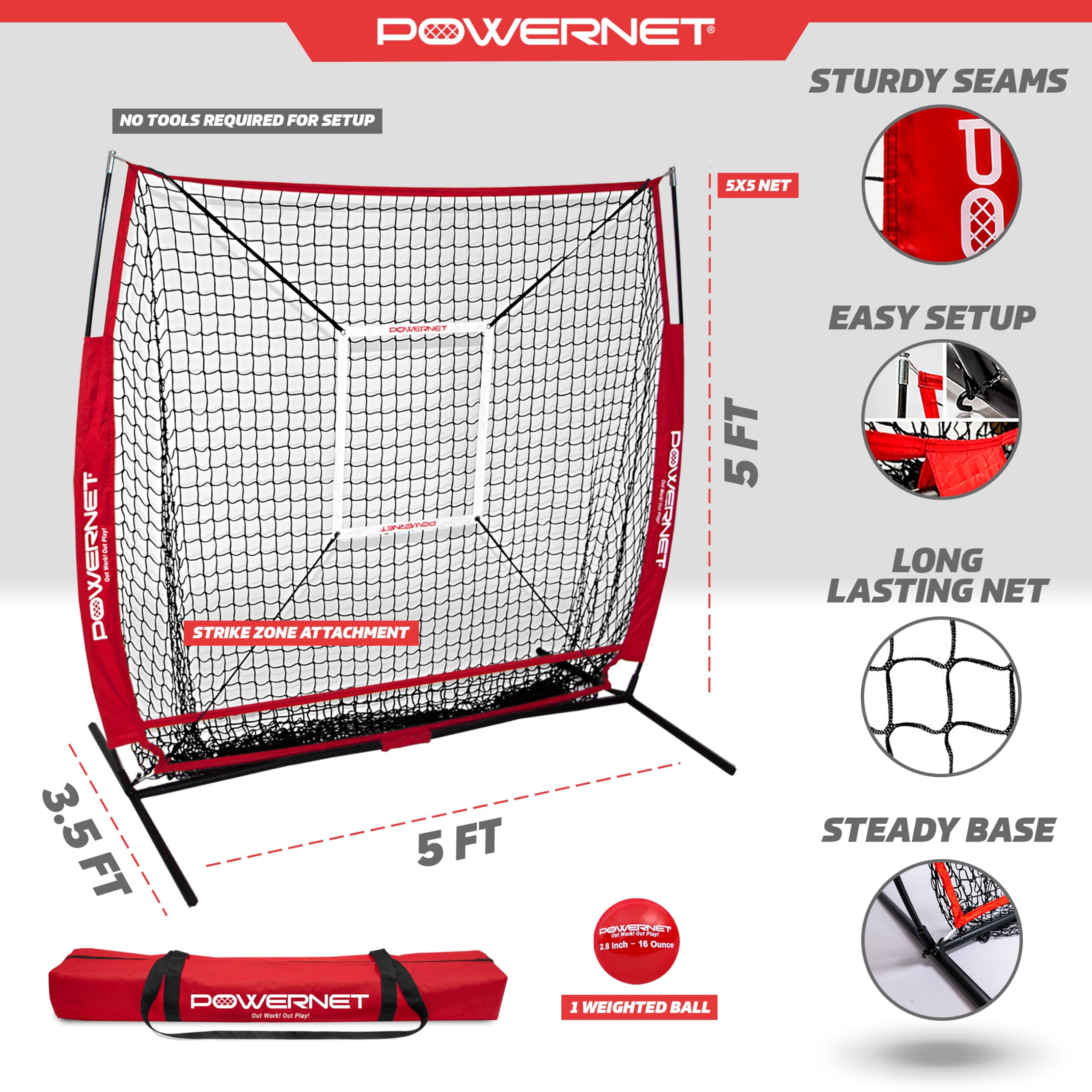 Powernet Corbin Carroll 5x5 Practice Net Bundle, Baseball Softball Coaching Aid, Compact Lightweight Portable, Hitting Pitching Training