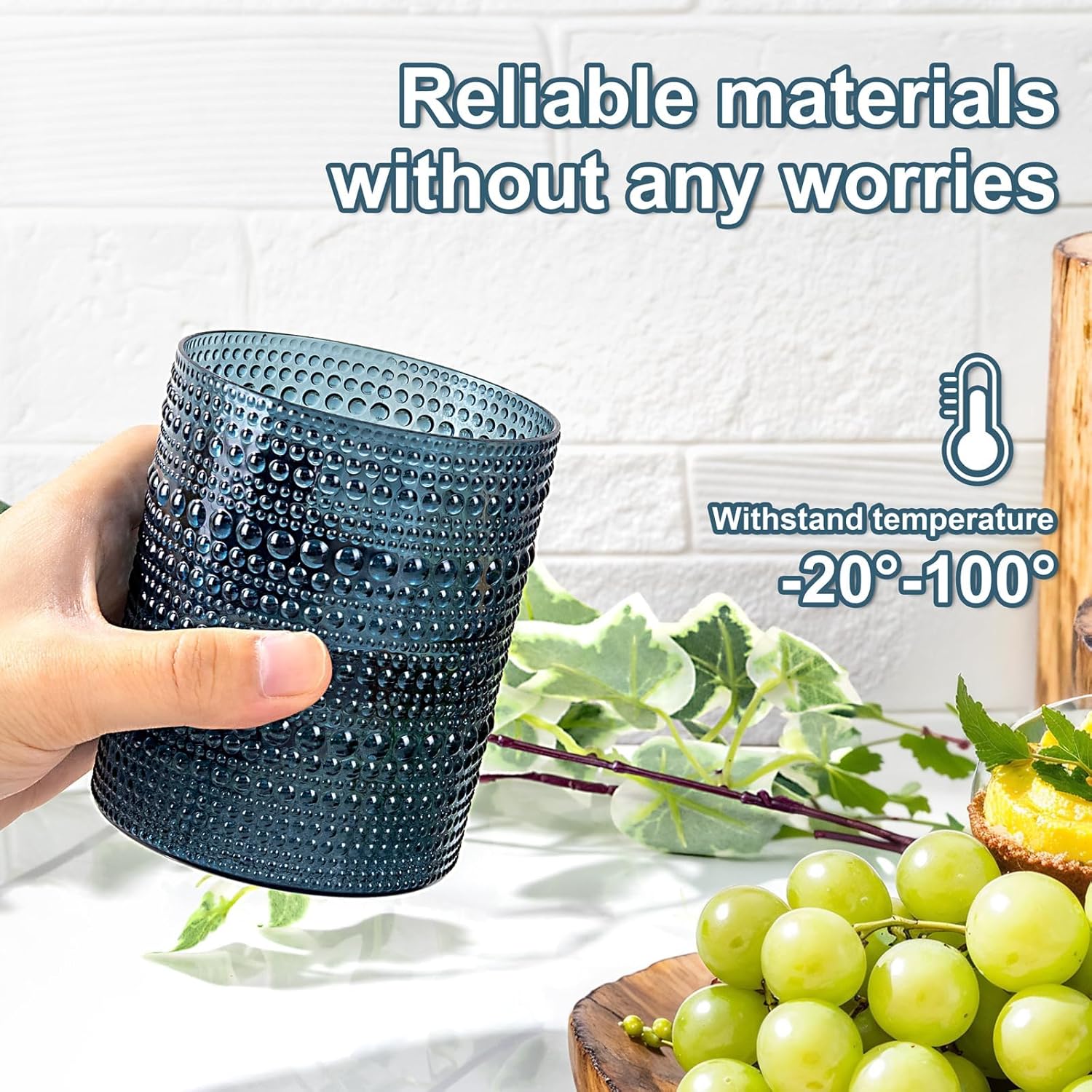 YOUBET 24PCS Plastic Hobnail Drinking Glasses - 14 Oz Blue Vintage Glasses Drinkware - Disposable Beaded Cups for Juice, Wine, Party - Image 7