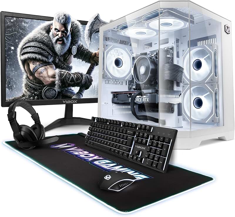 VIBOX PC Gamer Complet • 23" Écran • AMD Ryzen 5 5500 6 cœurs • Nvidia RTX 3050 6 Go • 16 Go RAM • 500 Go SSD • Windows 11 • WiFi 6 + Bluetooth 5.4 • Blanc