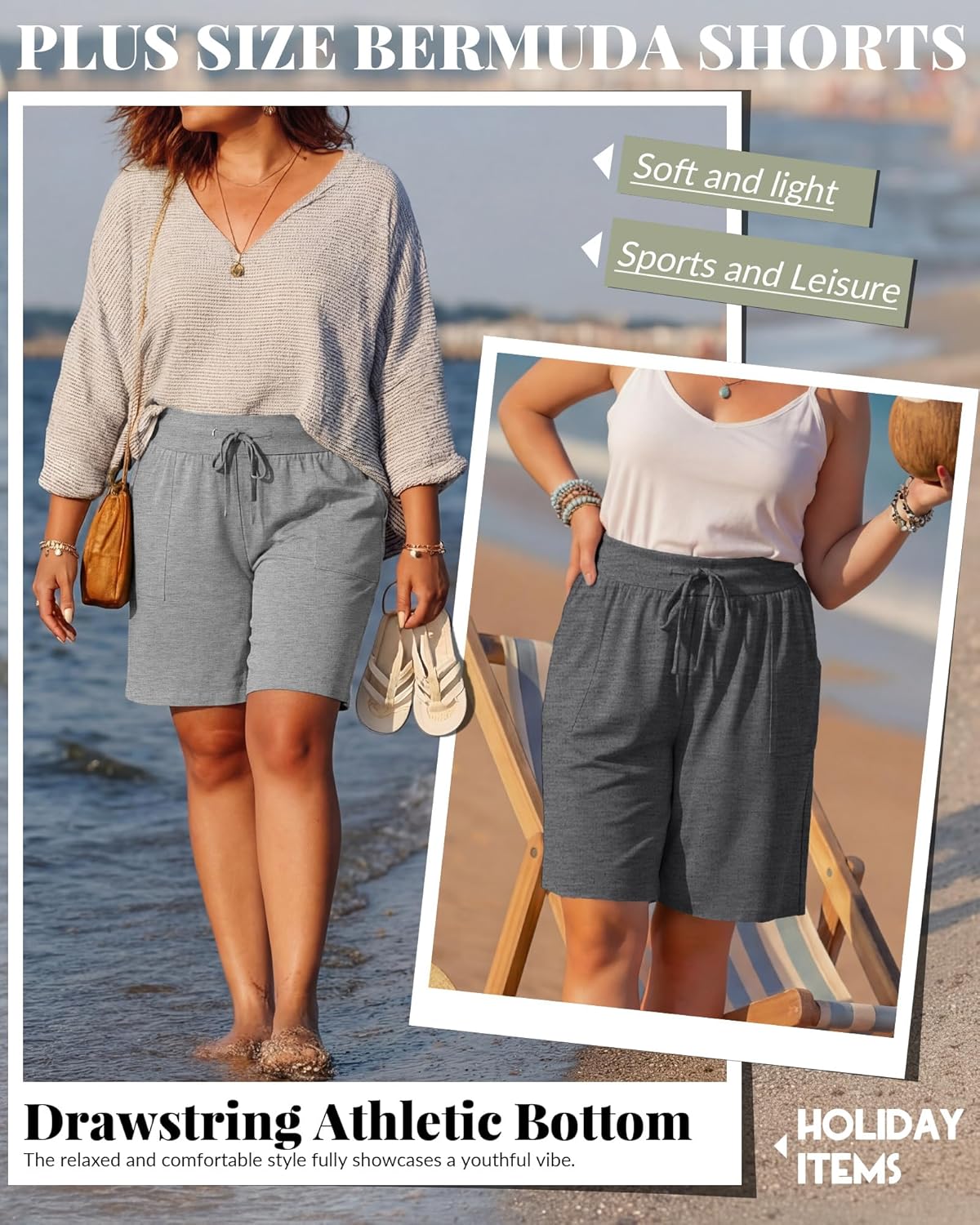 Evervibe 3 Pack Women's Plus Size Bermuda Shorts with Pockets High Waisted Drawstring Knee Length Casual Lounge Shorts