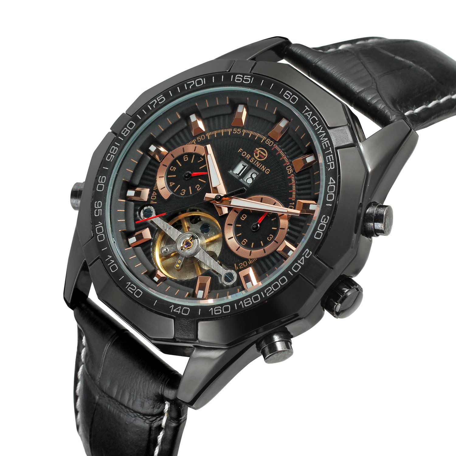 Forsining Orologio da polso da uomo a carica automatica originale Tourbillion calendario cinturino in pelle FSG340M3B1, nero, multifunzione