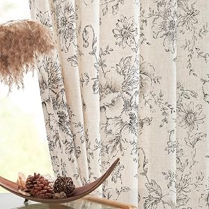 jinchan Linen Blend Curtain Floral Curtains for Living Room 84 Inch Length Black Printed Curtains Rod Pocket Back Tab Farmhouse Peony Flower Patterned Drapes Bedroom Window Curtain Set 2 Panels | Light filtering drapes, semi sheer, farmhouse, cottage