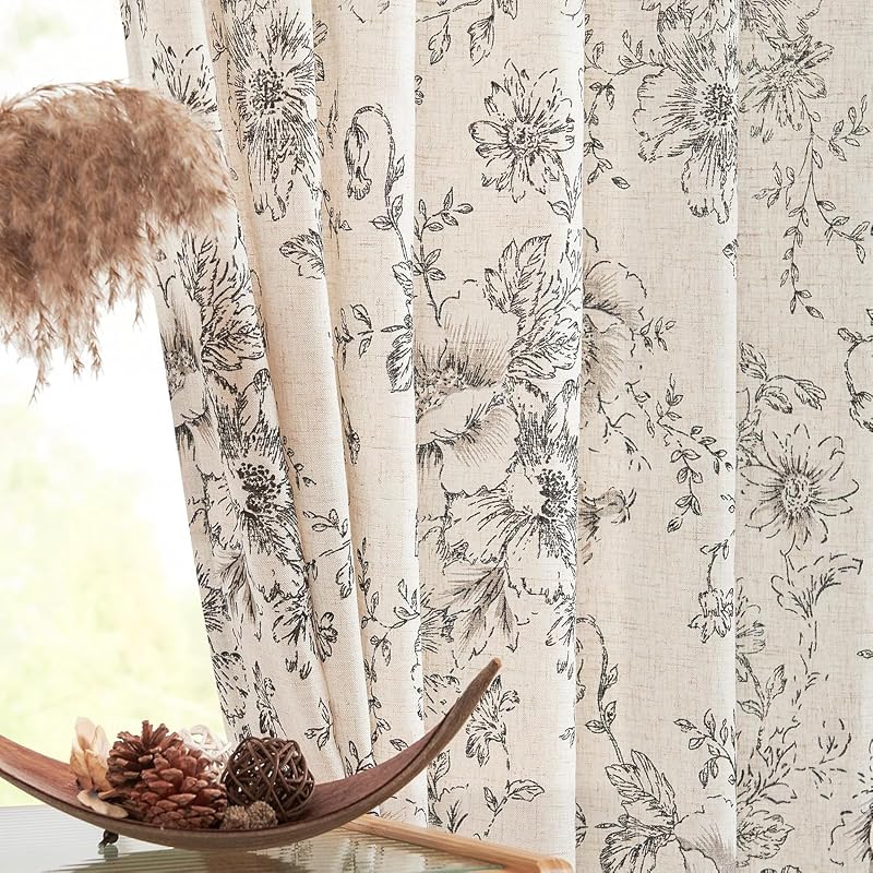 jinchan Vintage Floral Linen Curtains 84 Long for Living Room 2 Panels | Light Filtering Drapes,Semi Sheer,French Country,Farmhouse,Botanical Curtains For Bedroom,Back Tab Rod Pocket,50x84 Inch